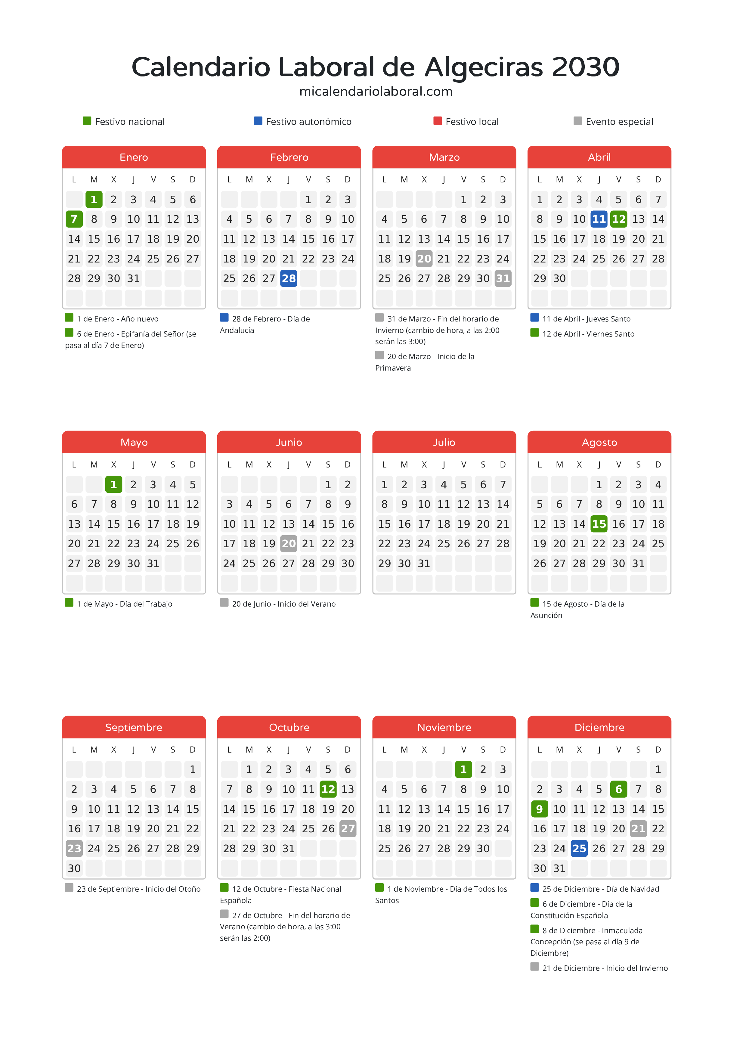 Calendario Laboral de Algeciras 2030 - Días festivos - Todos los festivos y días no laborables del calendario de Algeciras propuestos por Junta de Andalucía. Organiza tus vacaciones y puentes en 2030.