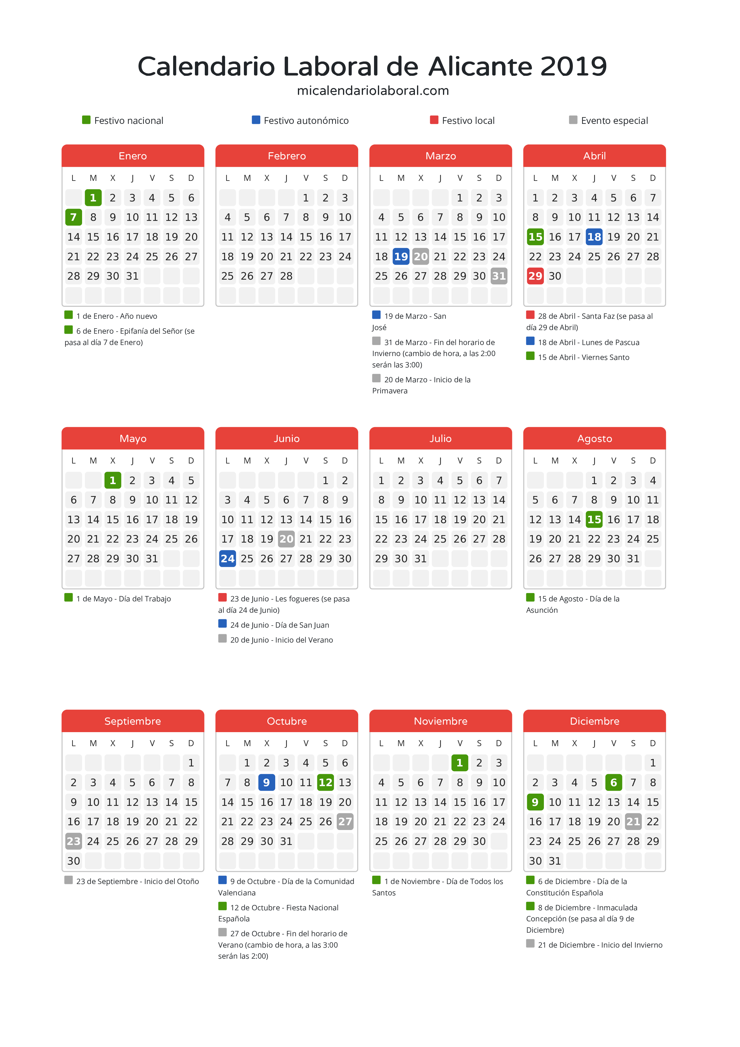 Calendario Laboral de Alicante 2019 - Días festivos - Descubre todos los festivos, días no laborables y días inhábiles en el calendario de la provincia de Alicante propuestos por Generalitat Valenciana. Anticípate a los eventos y organiza tus vacaciones y puentes en 2019.