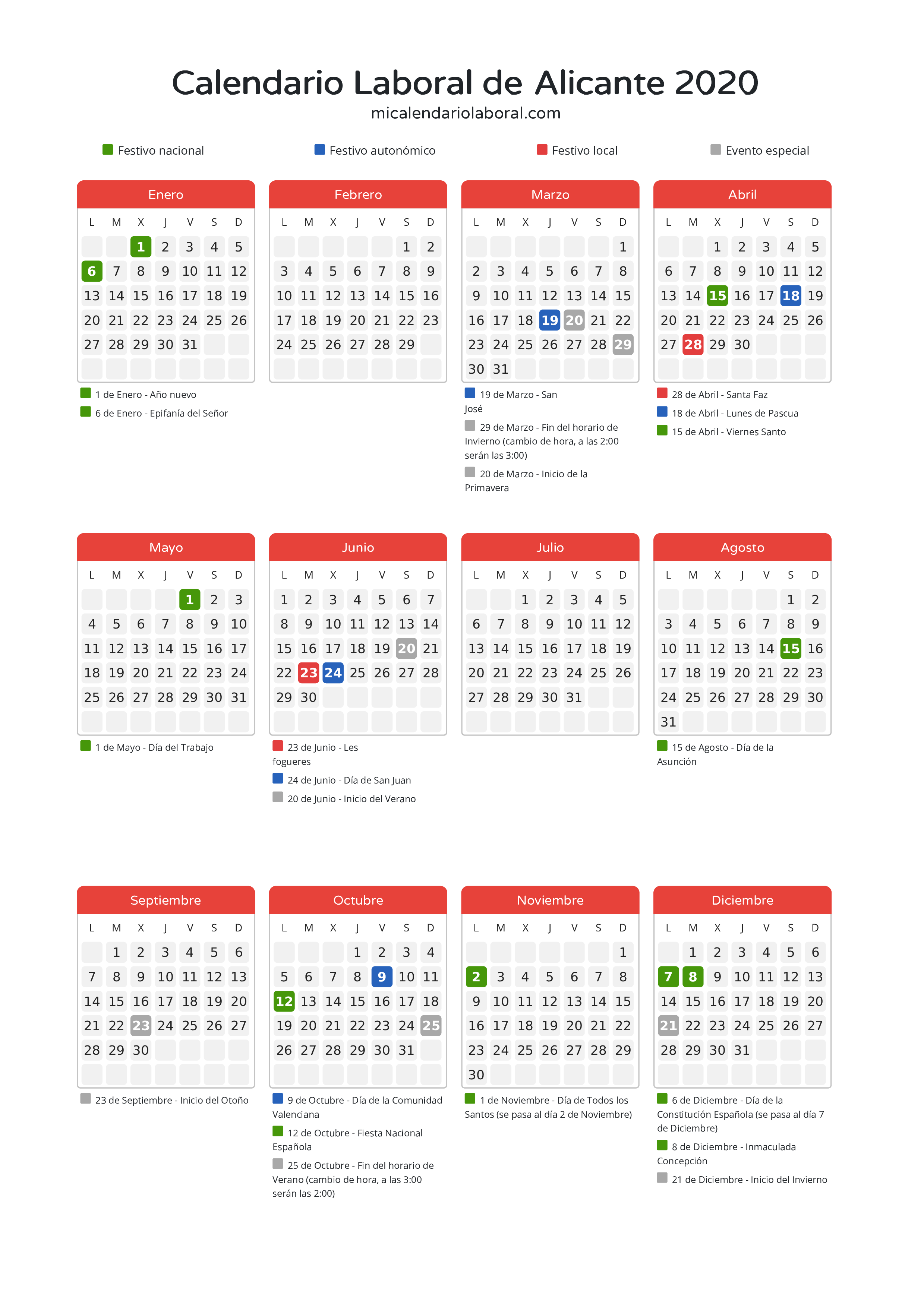Calendario Laboral de Alicante 2020 - Días festivos - Descubre todos los festivos, días no laborables y días inhábiles en el calendario de Alicante propuestos por Generalitat Valenciana. Organiza tus vacaciones y puentes en 2020.