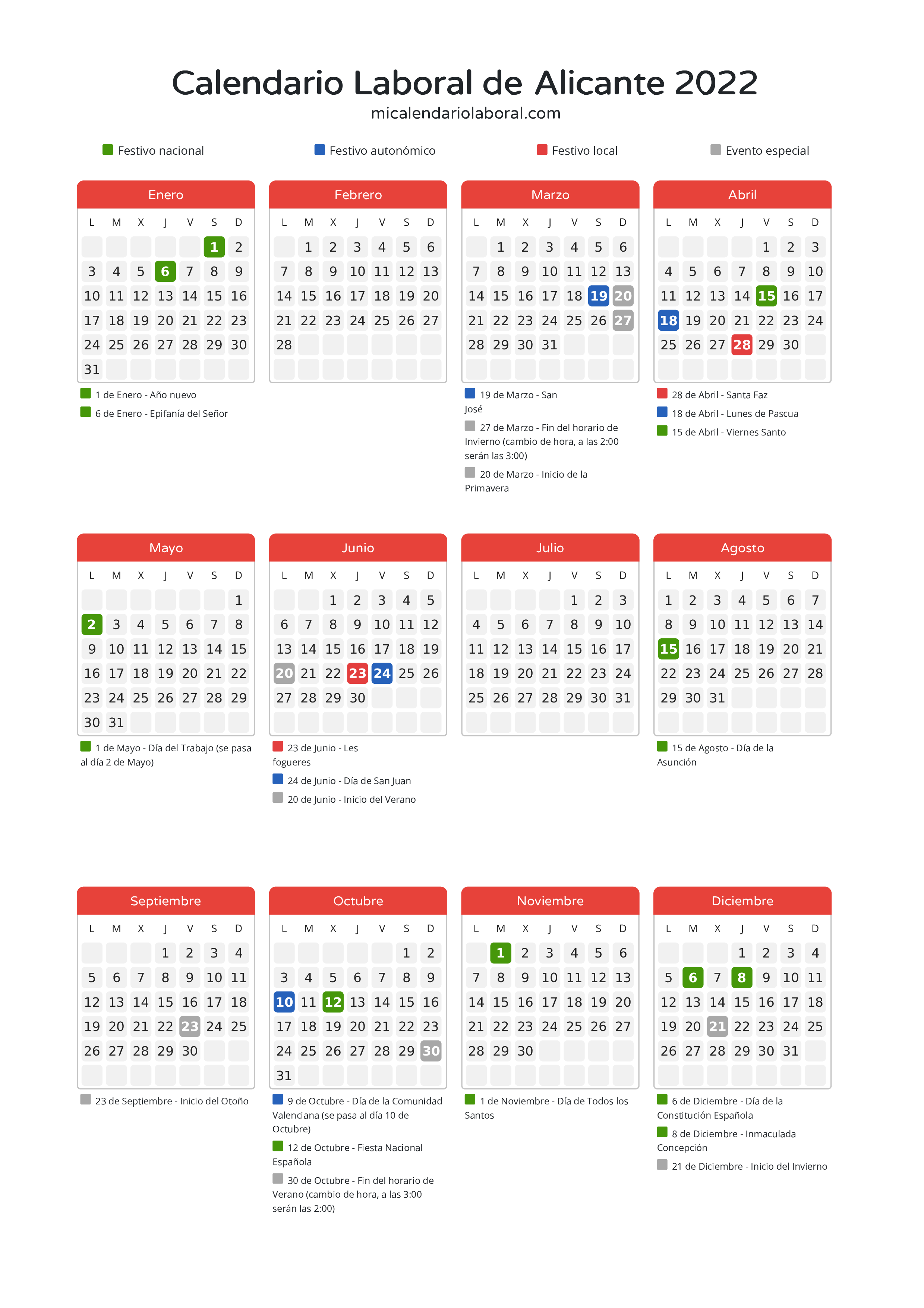 Calendario Laboral de Alicante 2022 - Días festivos - Descubre todos los festivos, días no laborables y días inhábiles en el calendario de la provincia de Alicante propuestos por Generalitat Valenciana. Anticípate a los eventos y organiza tus vacaciones y puentes en 2022.