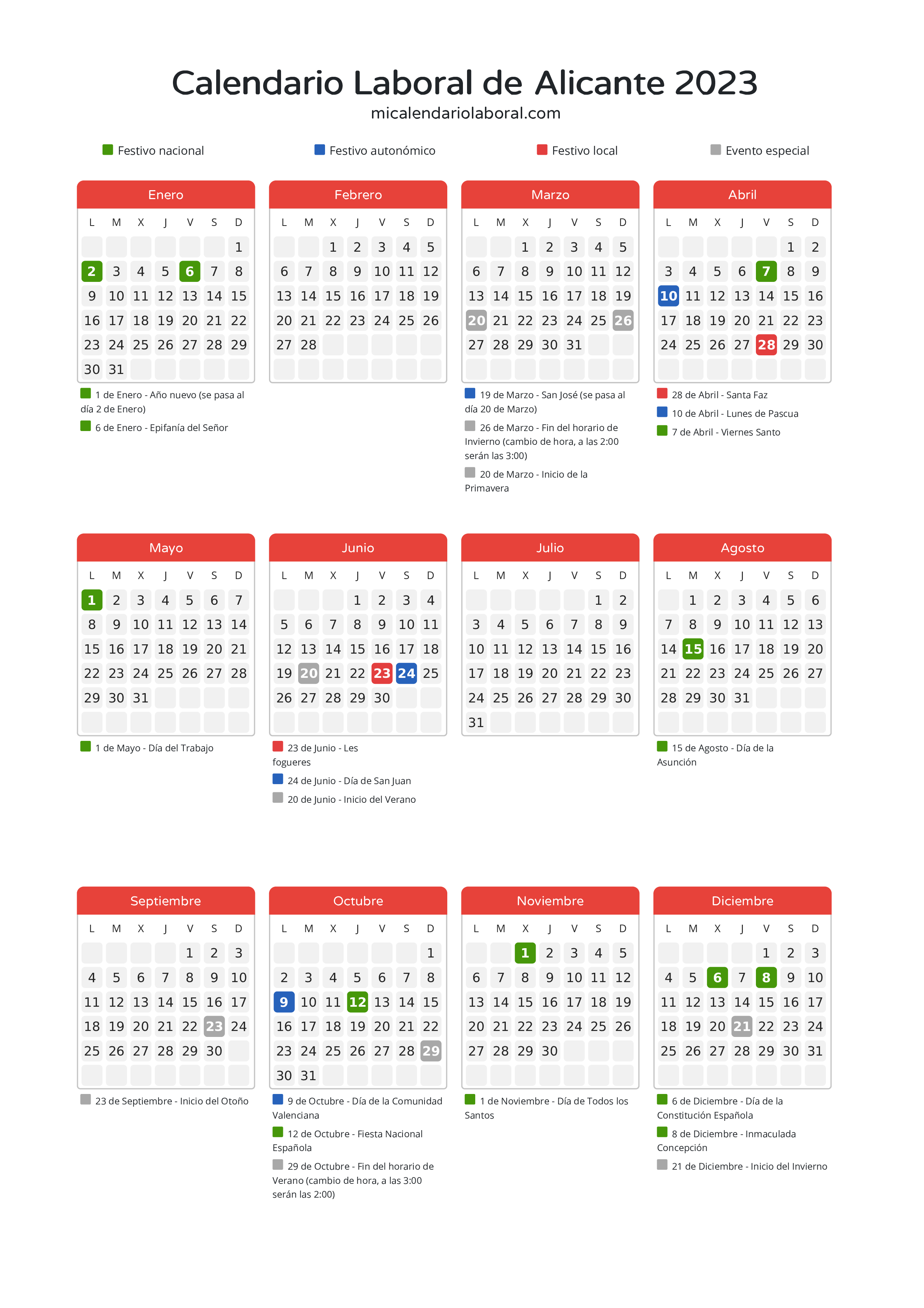 Calendario Laboral de Alicante 2023 - Días festivos - Aquí tienes todos los días festivos, no laborables y días inhábiles de la provincia del calendario de Alicante del año 2023