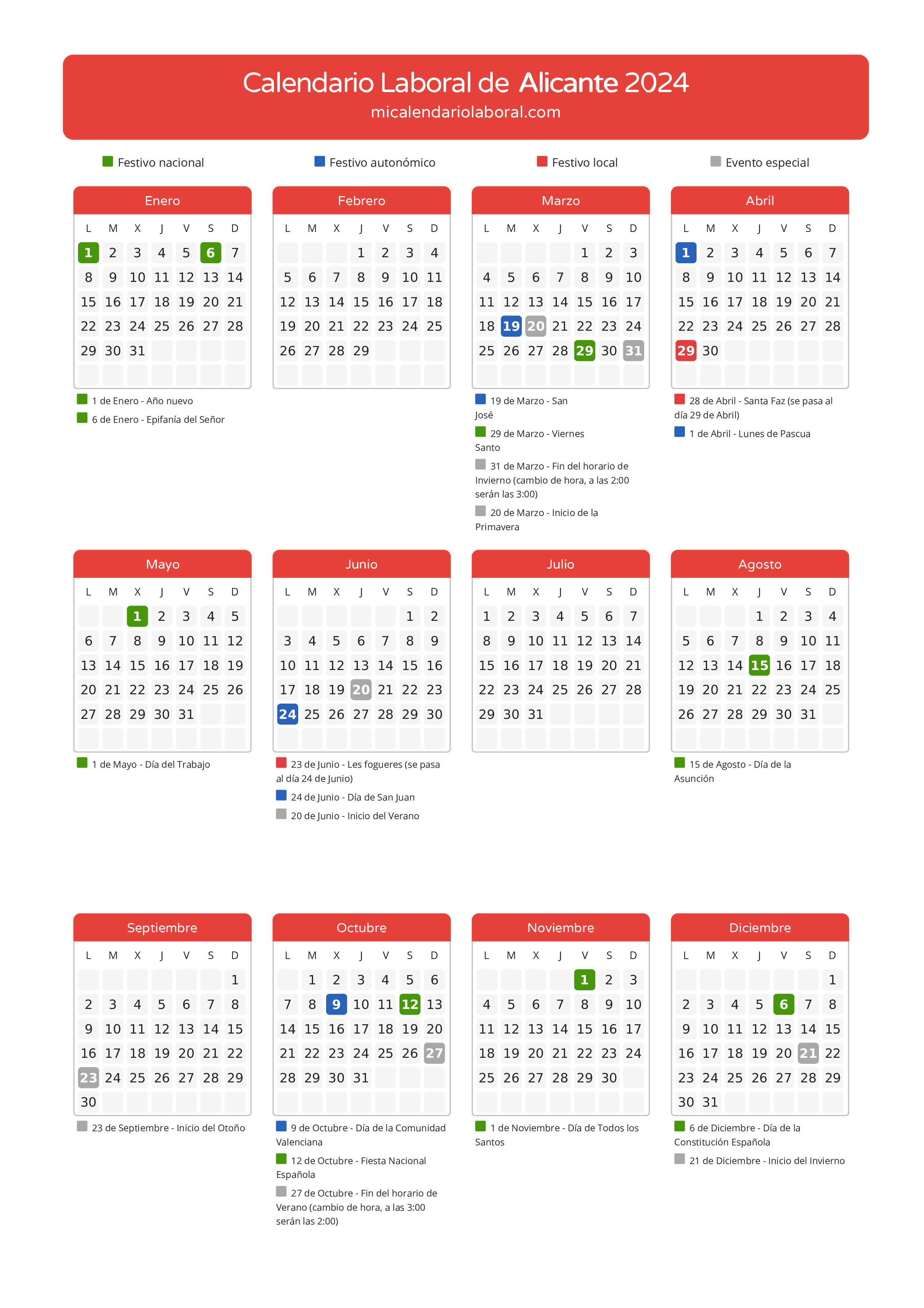 Calendario Laboral de Alicante 2024 - Días festivos - Aquí tienes todos los días festivos, no laborables y días inhábiles de la provincia del calendario de Alicante del año 2024