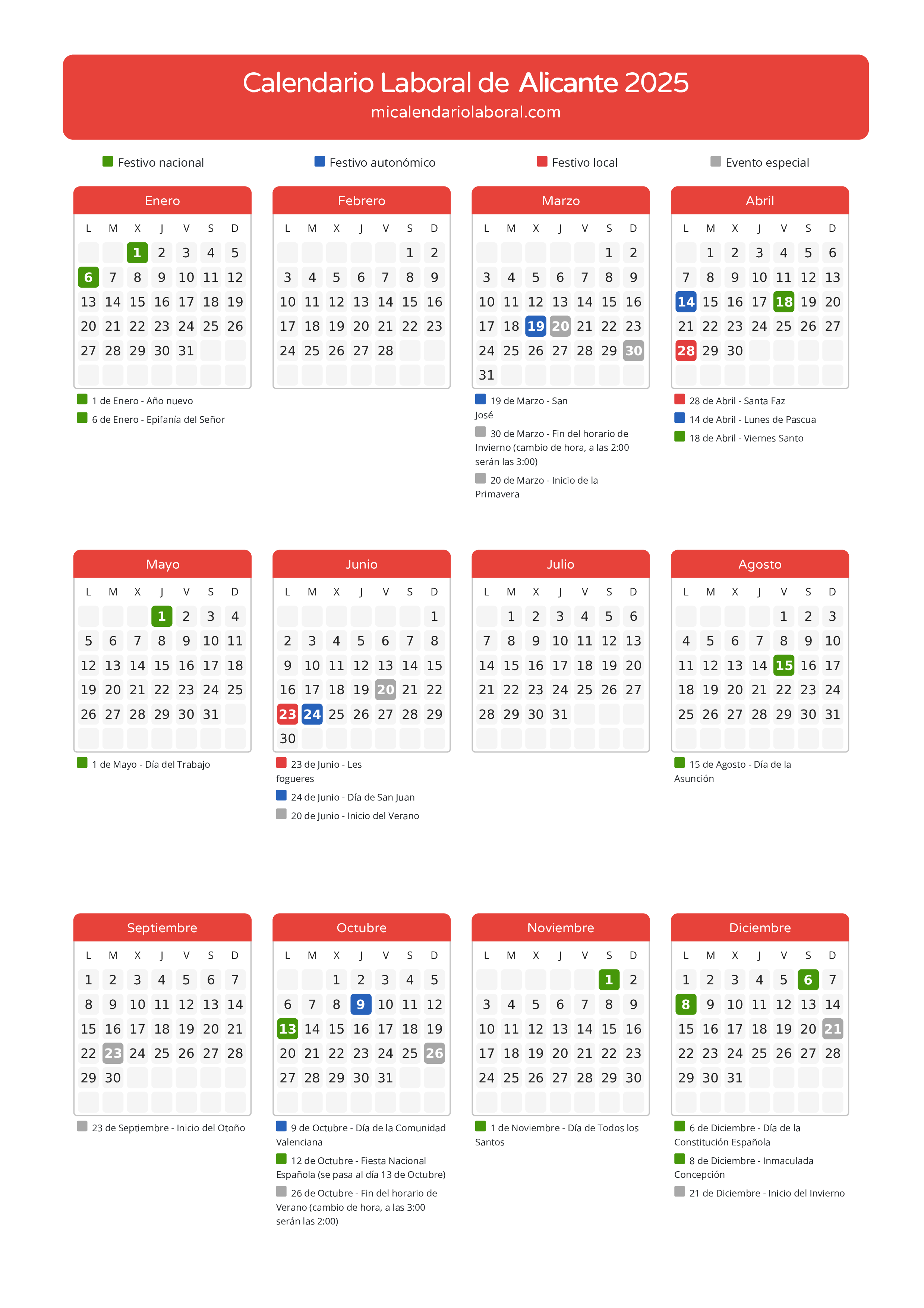 Calendario Laboral de Alicante 2025 - Días festivos - Aquí tienes todos los días festivos, no laborables y días inhábiles de la provincia del calendario de Alicante del año 2025