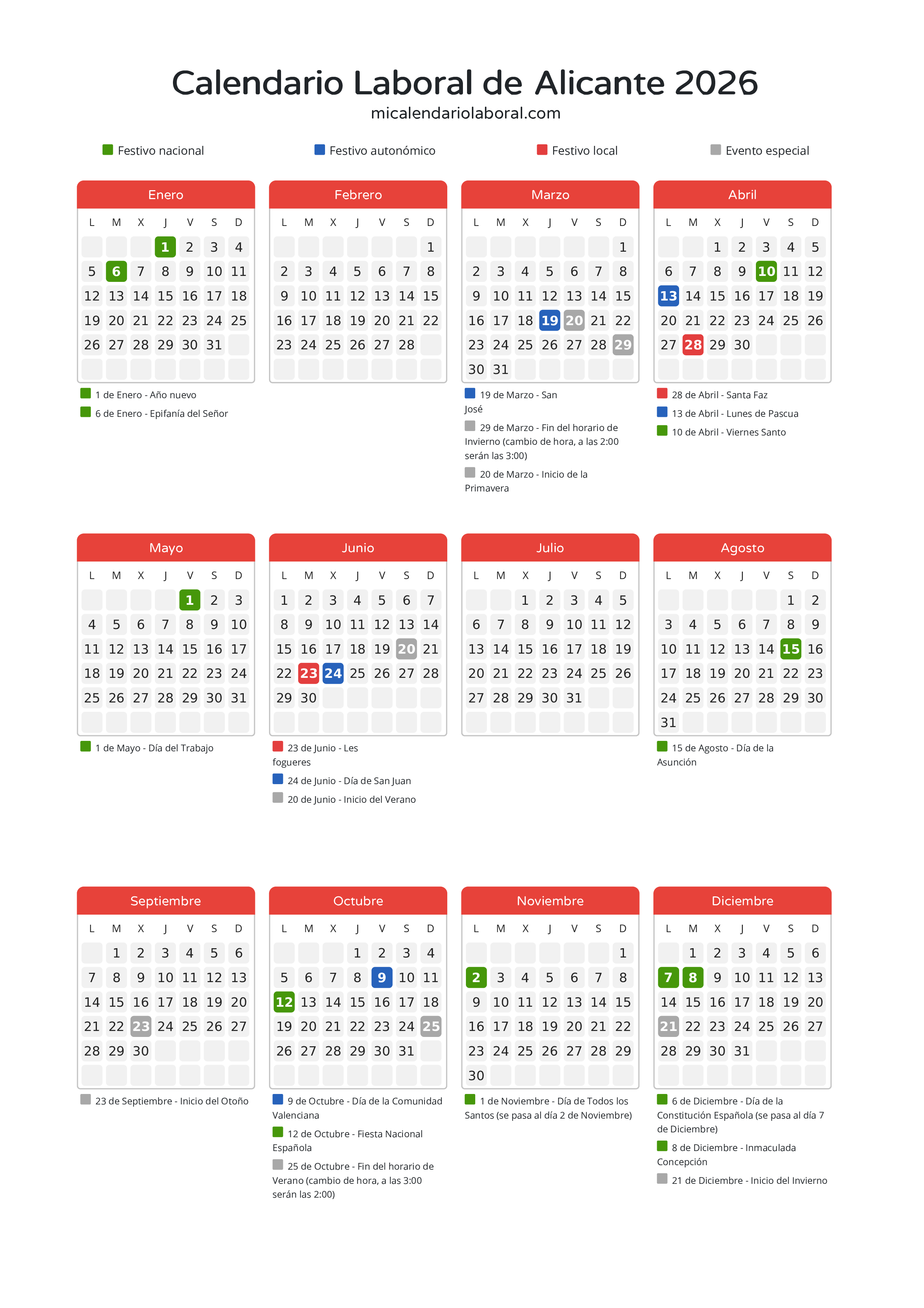 Calendario Laboral de Alicante 2026 - Días festivos - Descubre todos los festivos, días no laborables y días inhábiles en el calendario de la provincia de Alicante propuestos por Generalitat Valenciana. Anticípate a los eventos y organiza tus vacaciones y puentes en 2026.