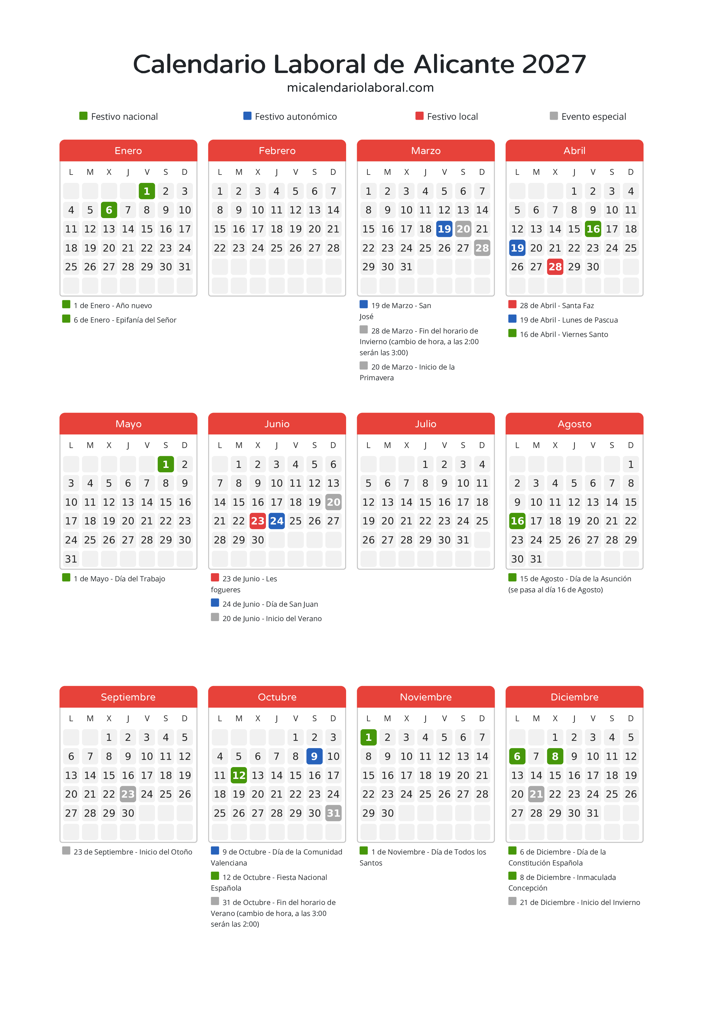Calendario Laboral de Alicante 2027 - Días festivos - Descubre todos los festivos, días no laborables y días inhábiles en el calendario de la provincia de Alicante propuestos por Generalitat Valenciana. Anticípate a los eventos y organiza tus vacaciones y puentes en 2027.