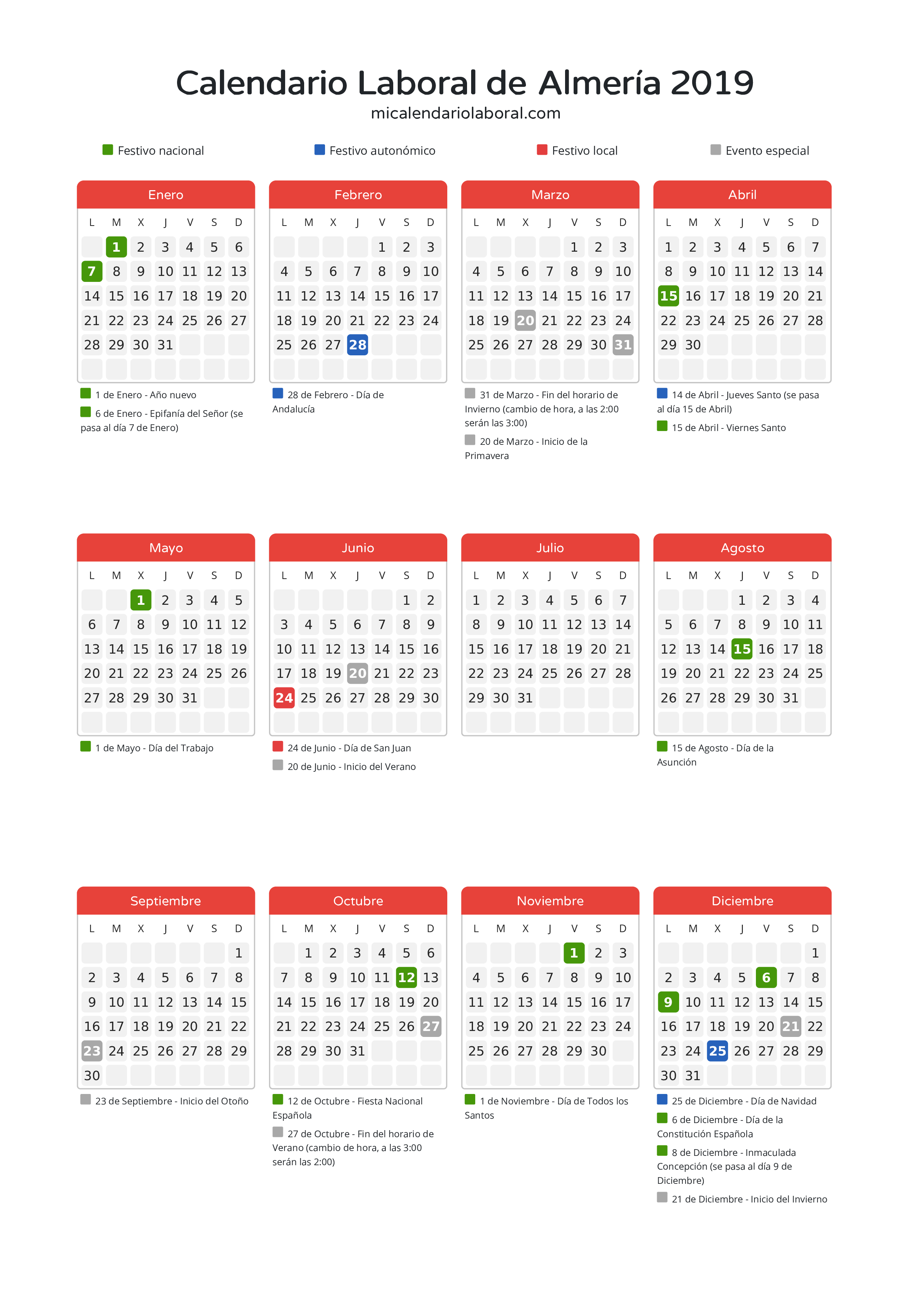 Calendario Laboral de Almería 2019 - Días festivos - Descubre todos los festivos, días no laborables y días inhábiles en el calendario de Almería propuestos por Junta de Andalucía. Organiza tus vacaciones y puentes en 2019.