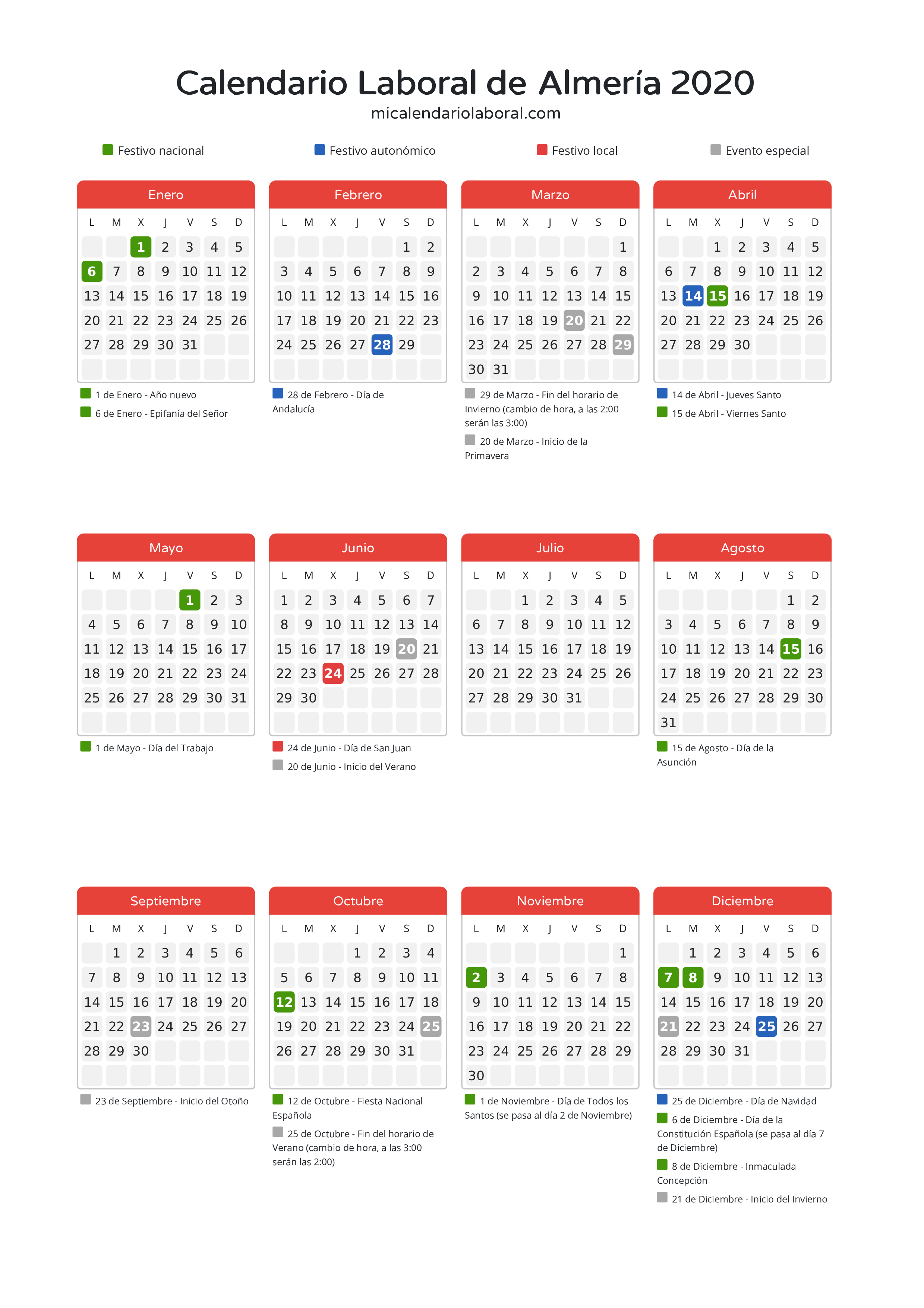 Calendario Laboral de Almería 2020 - Días festivos - Descubre todos los festivos, días no laborables y días inhábiles en el calendario de Almería propuestos por Junta de Andalucía. Organiza tus vacaciones y puentes en 2020.