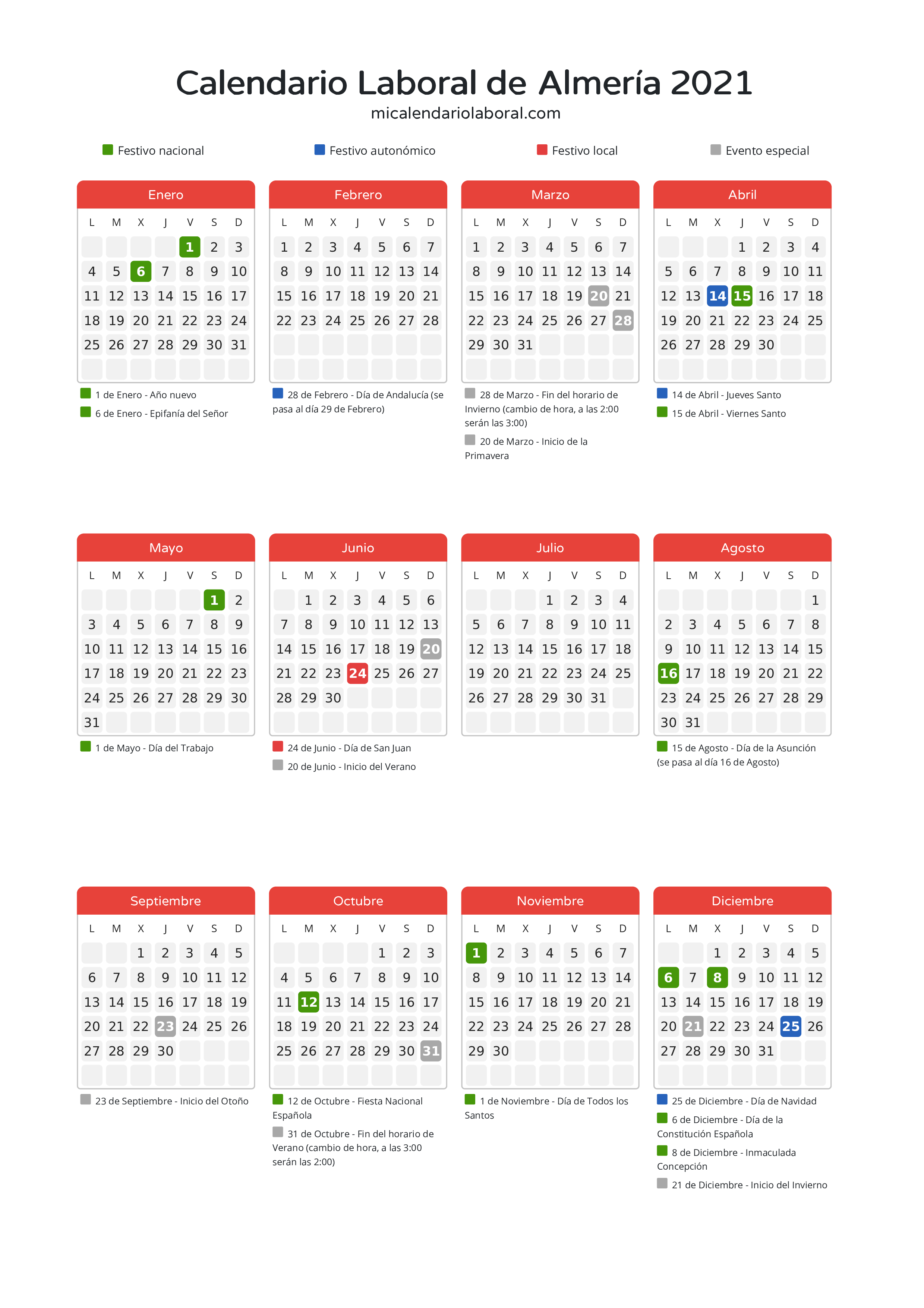 Calendario Laboral de Almería 2021 - Días festivos - Descubre todos los festivos, días no laborables y días inhábiles en el calendario de Almería propuestos por Junta de Andalucía. Organiza tus vacaciones y puentes en 2021.