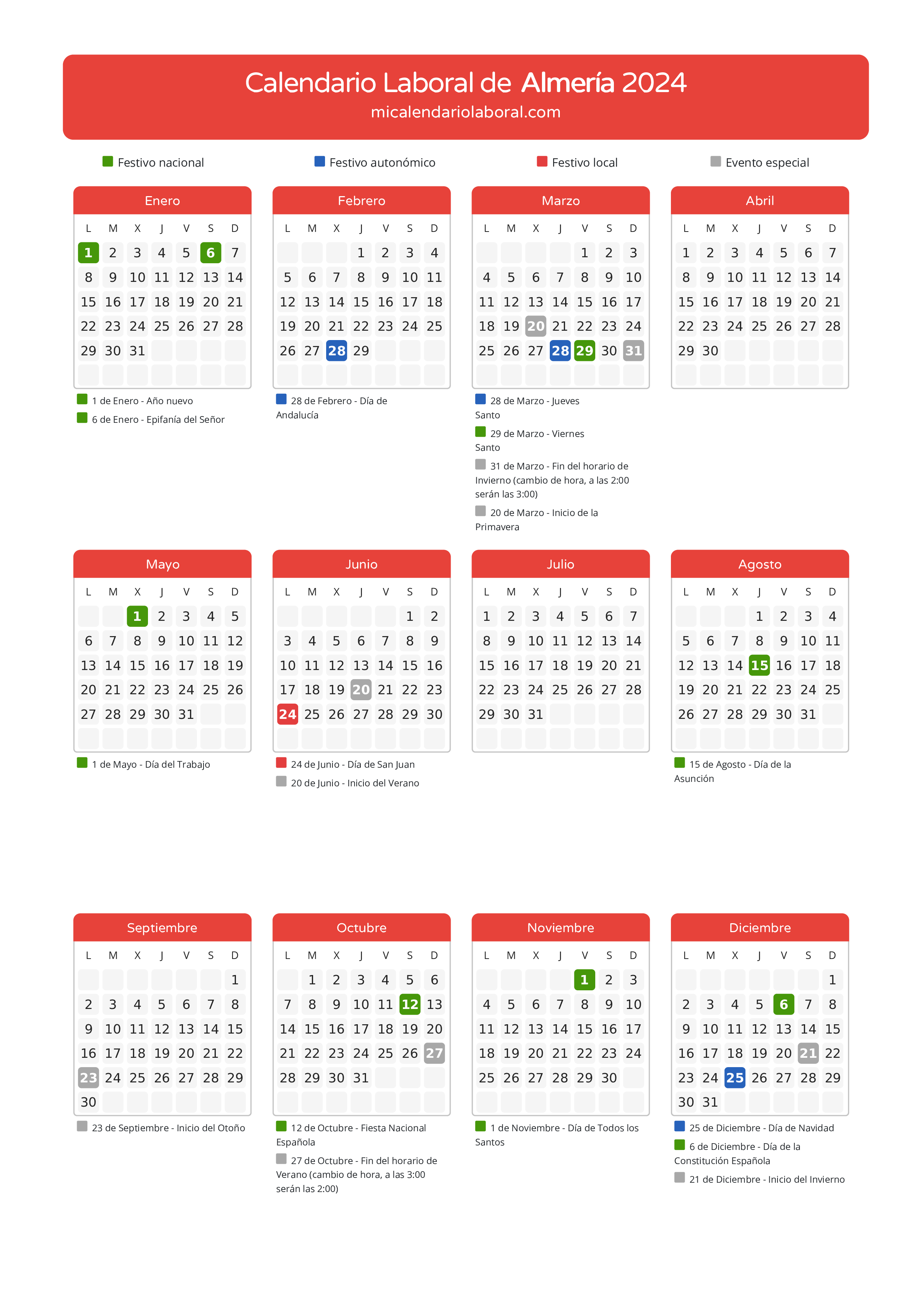 Calendario Laboral de Almería 2024 - Días festivos - Descubre todos los festivos, días no laborables y días inhábiles en el calendario de Almería propuestos por Junta de Andalucía. Organiza tus vacaciones y puentes en 2024.