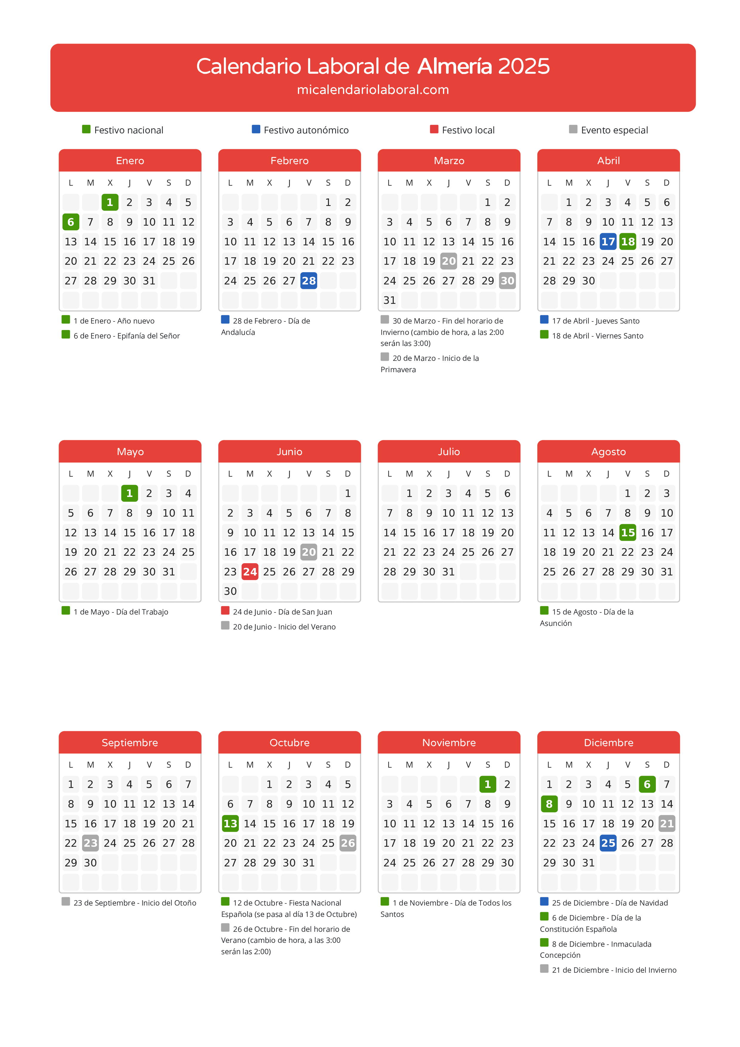 Calendario Laboral de Almería 2025 - Días festivos - Descubre todos los festivos, días no laborables y días inhábiles en el calendario de Almería propuestos por Junta de Andalucía. Organiza tus vacaciones y puentes en 2025.