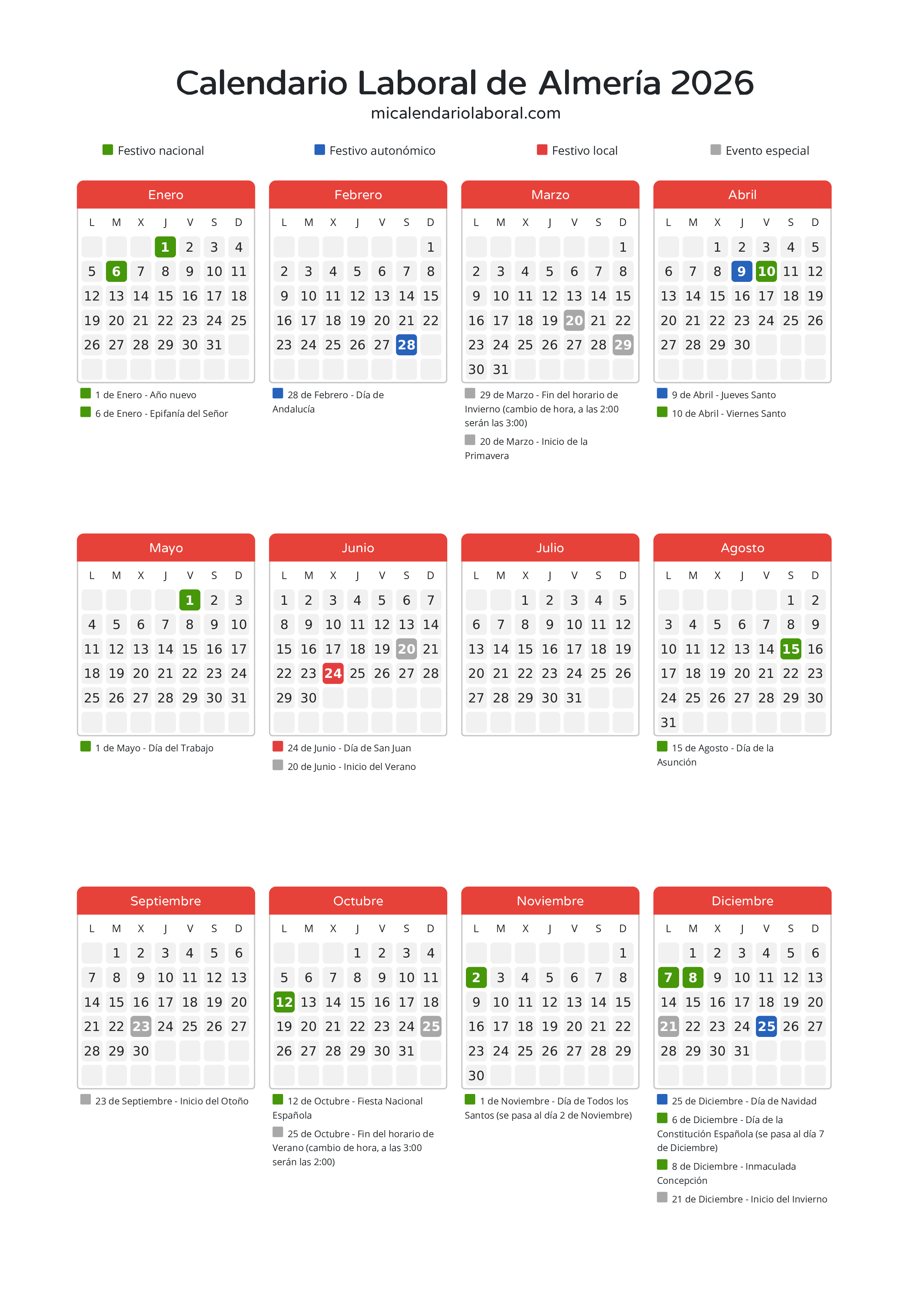 Calendario Laboral de Almería 2026 - Días festivos - Descubre todos los festivos, días no laborables y días inhábiles en el calendario de Almería propuestos por Junta de Andalucía. Organiza tus vacaciones y puentes en 2026.