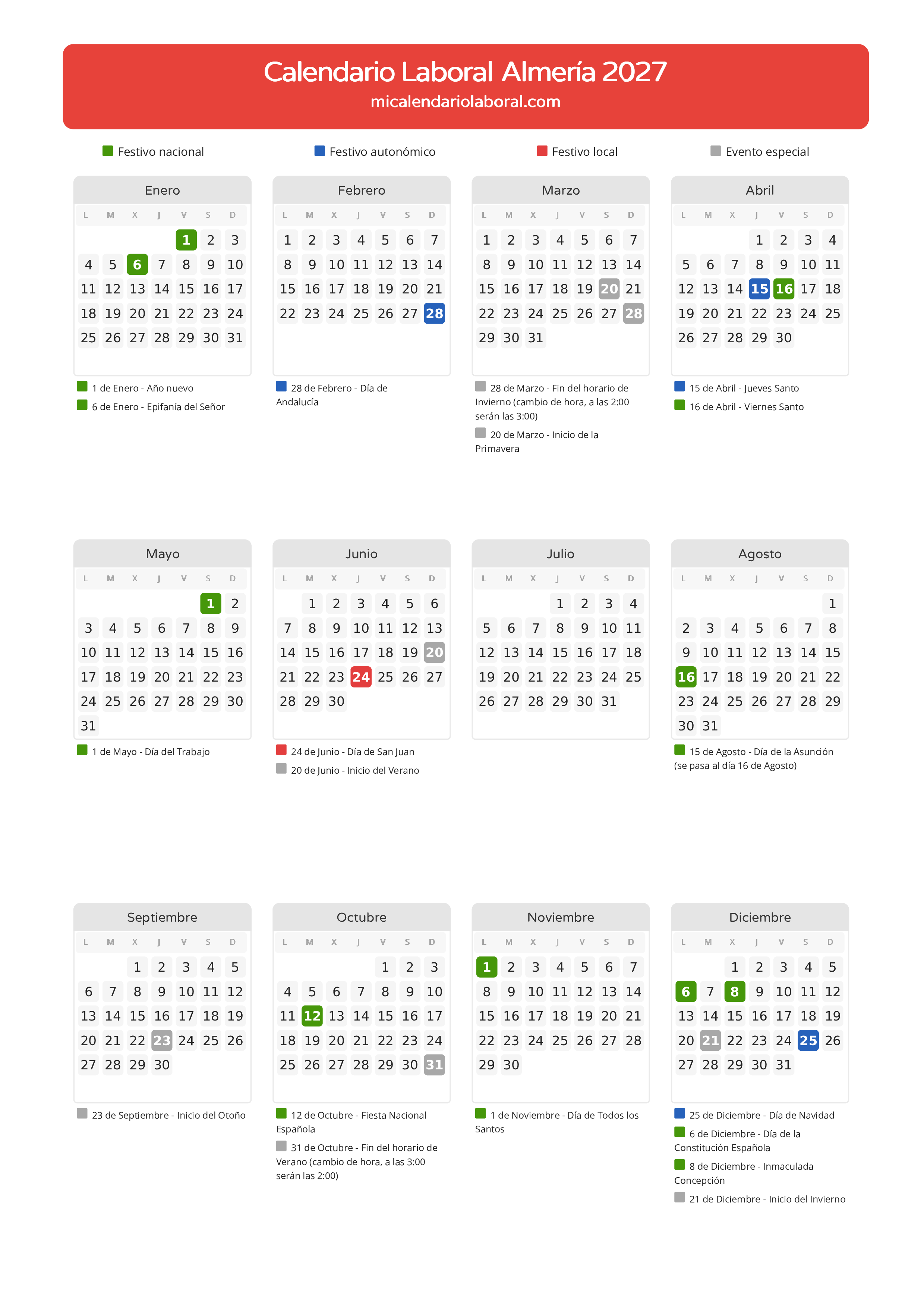 Calendario Laboral de Almería 2027 - Días festivos - Todos los festivos y días no laborables del calendario de Almería propuestos por Junta de Andalucía. Organiza tus vacaciones y puentes en 2027.