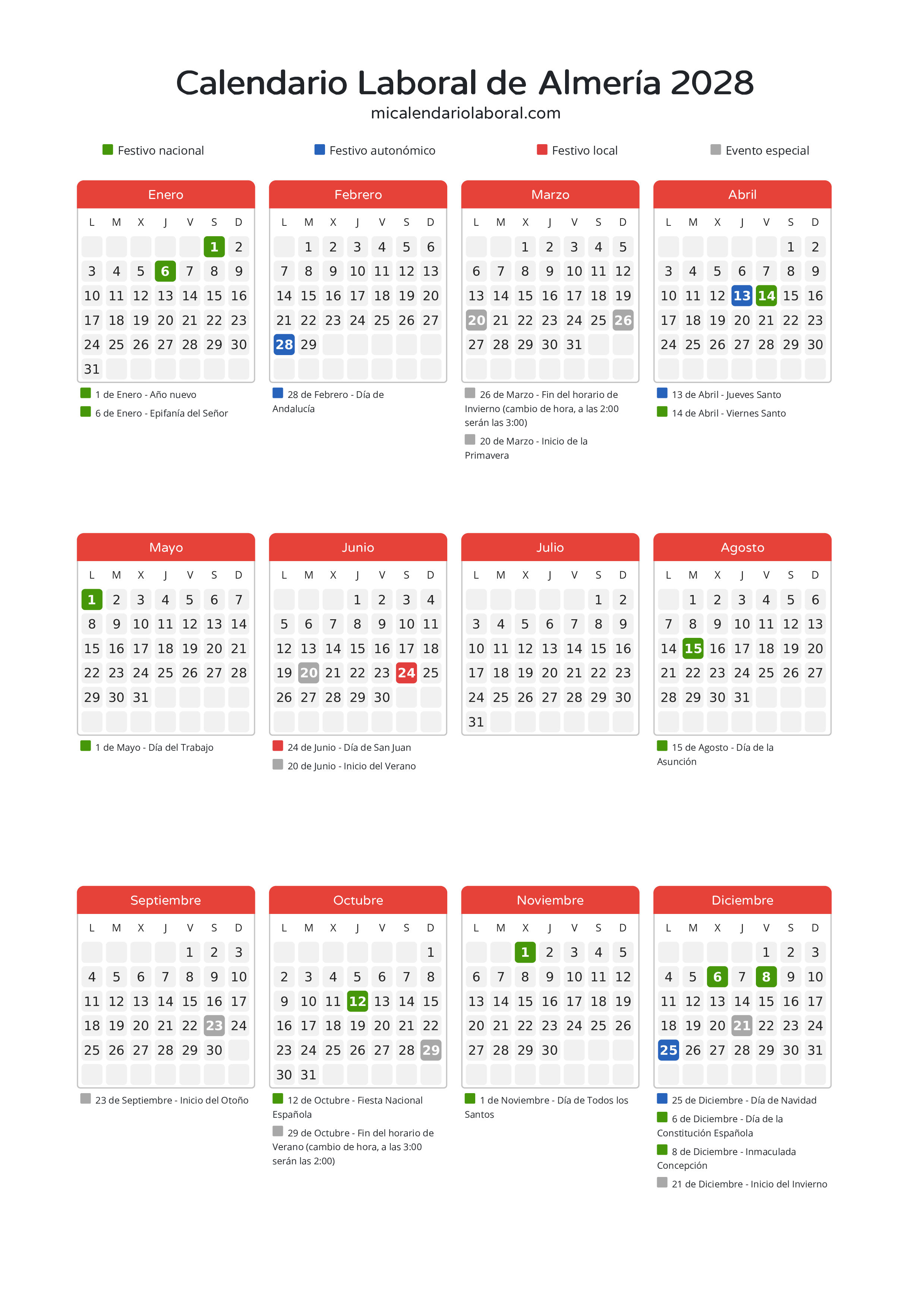 Calendario Laboral de Almería 2028 - Días festivos - Descubre todos los festivos, días no laborables y días inhábiles en el calendario de Almería propuestos por Junta de Andalucía. Organiza tus vacaciones y puentes en 2028.