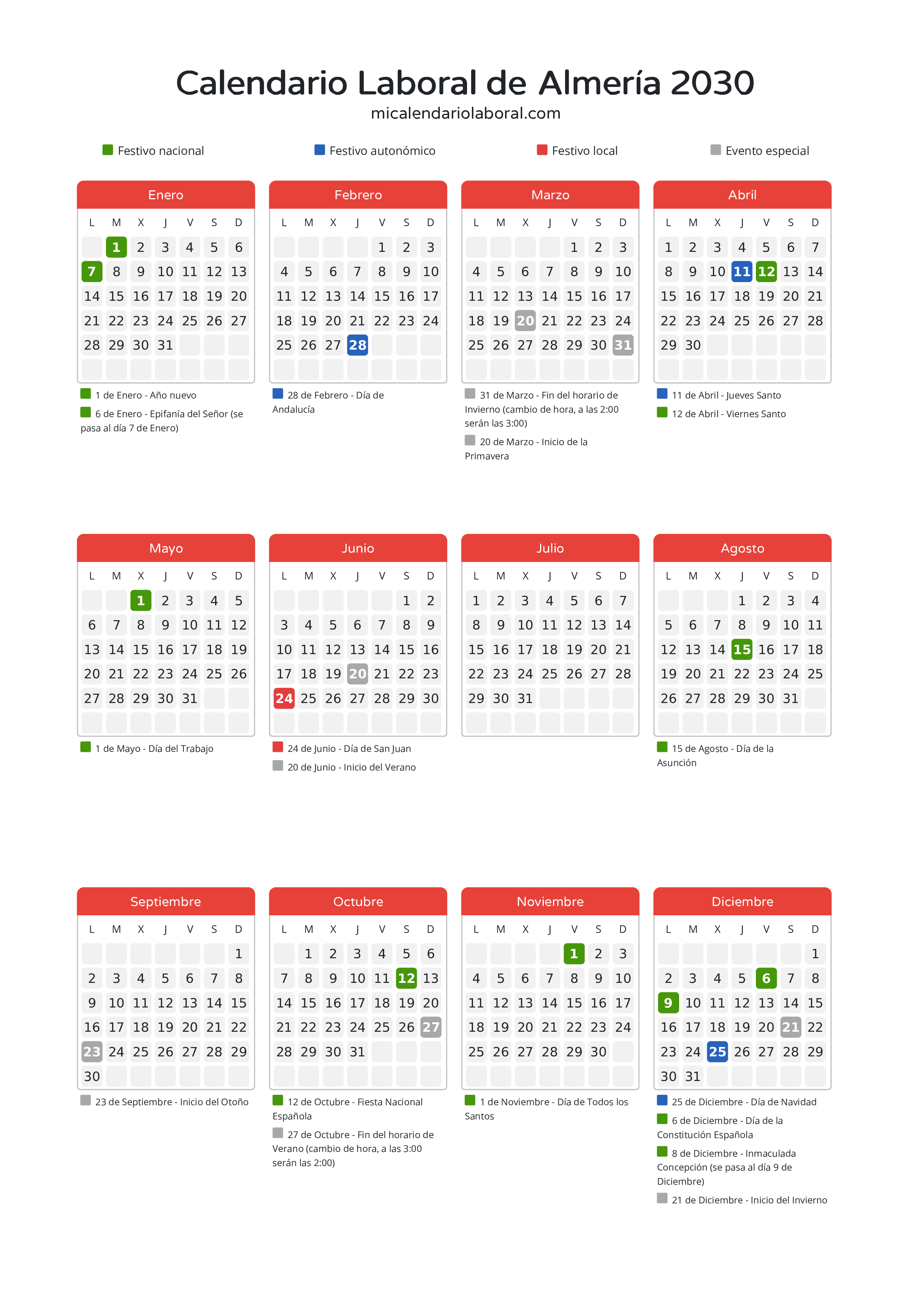 Calendario Laboral de Almería 2030 - Días festivos - Todos los festivos y días no laborables del calendario de Almería propuestos por Junta de Andalucía. Organiza tus vacaciones y puentes en 2030.