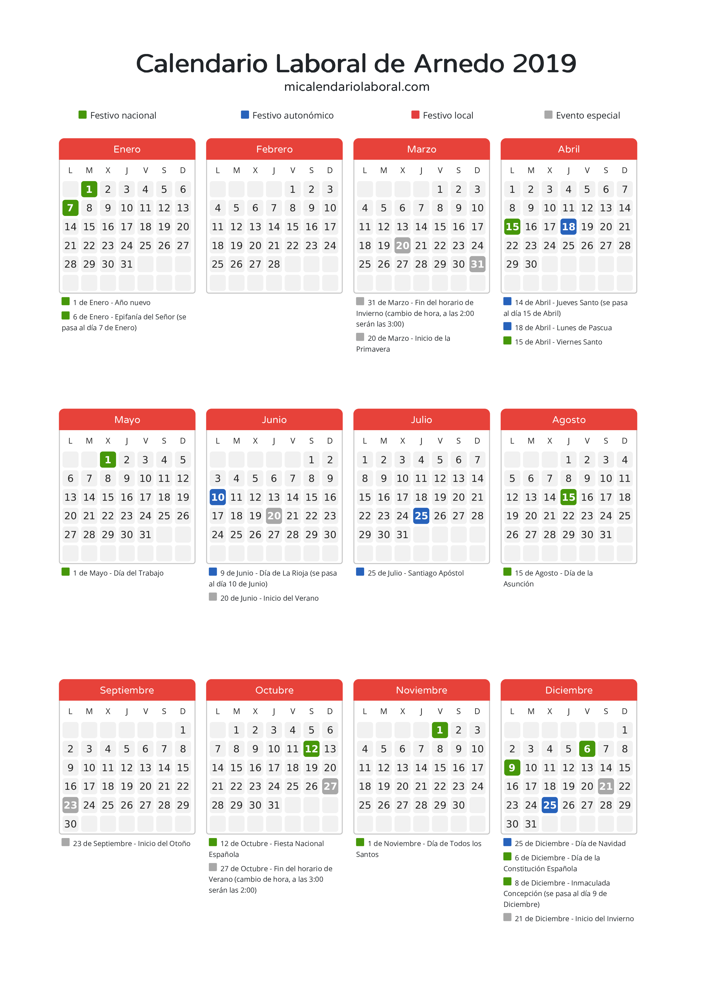 Calendario Laboral de Arnedo 2019 - Días festivos - Descubre todos los festivos, días no laborables y días inhábiles en el calendario de Arnedo propuestos por Gobierno de La Rioja. Organiza tus vacaciones y puentes en 2019.