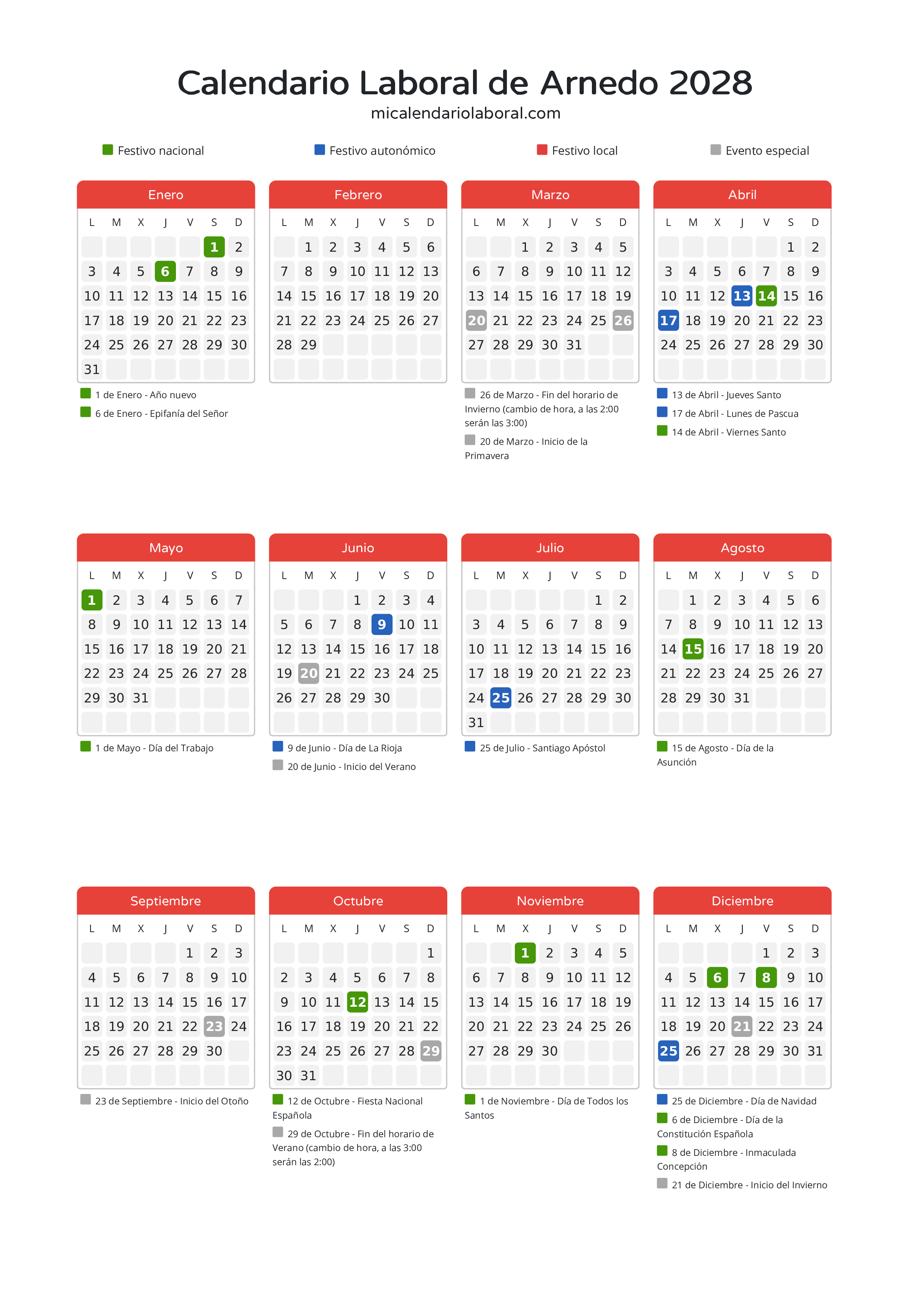 Calendario Laboral de Arnedo 2028 - Días festivos - Descubre todos los festivos, días no laborables y días inhábiles en el calendario de Arnedo propuestos por Gobierno de La Rioja. Organiza tus vacaciones y puentes en 2028.