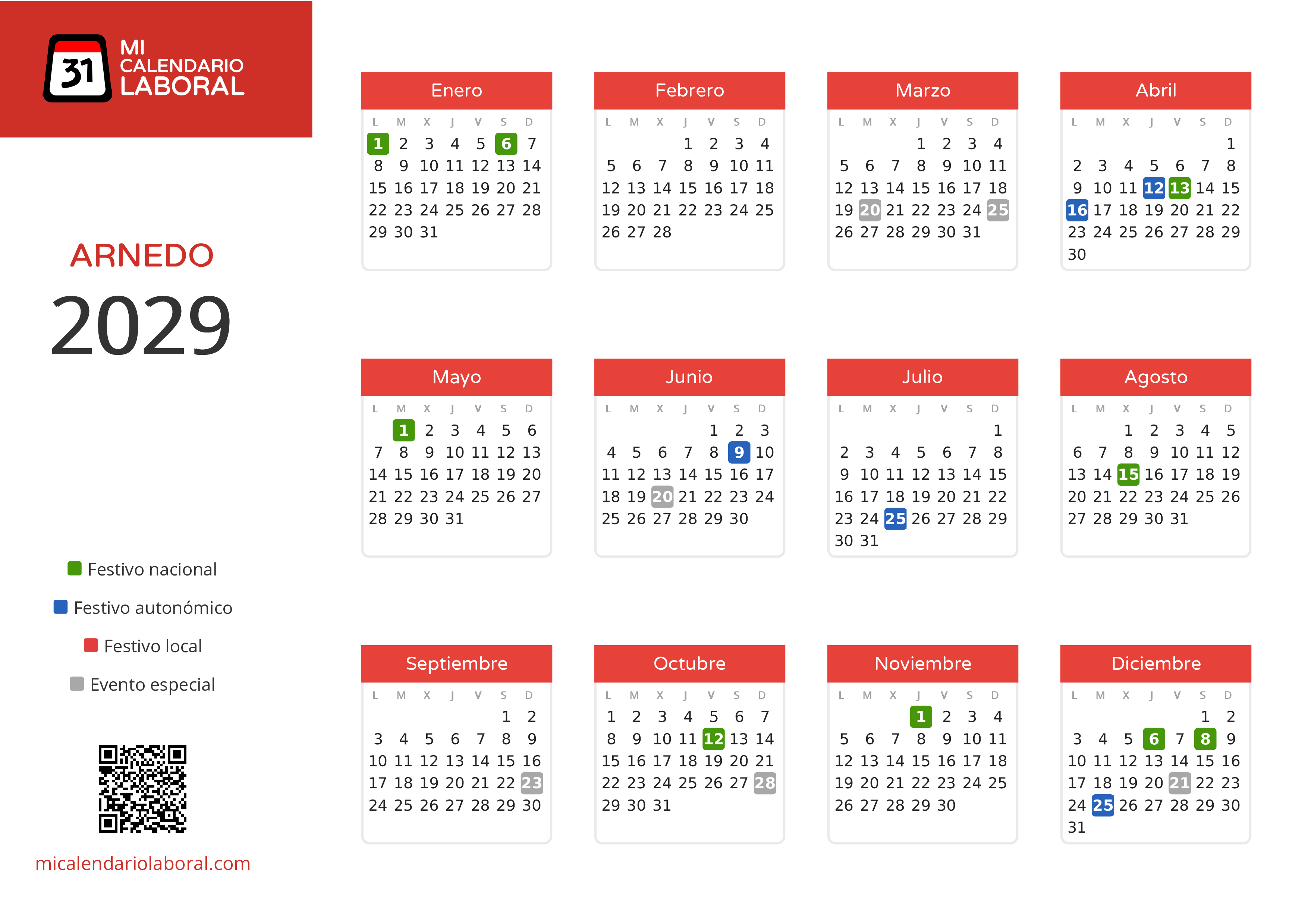 Calendario Laboral de Arnedo 2029 - Días festivos - Descubre todos los festivos, días no laborables y días inhábiles en el calendario de Arnedo propuestos por Gobierno de La Rioja. Organiza tus vacaciones y puentes en 2029.