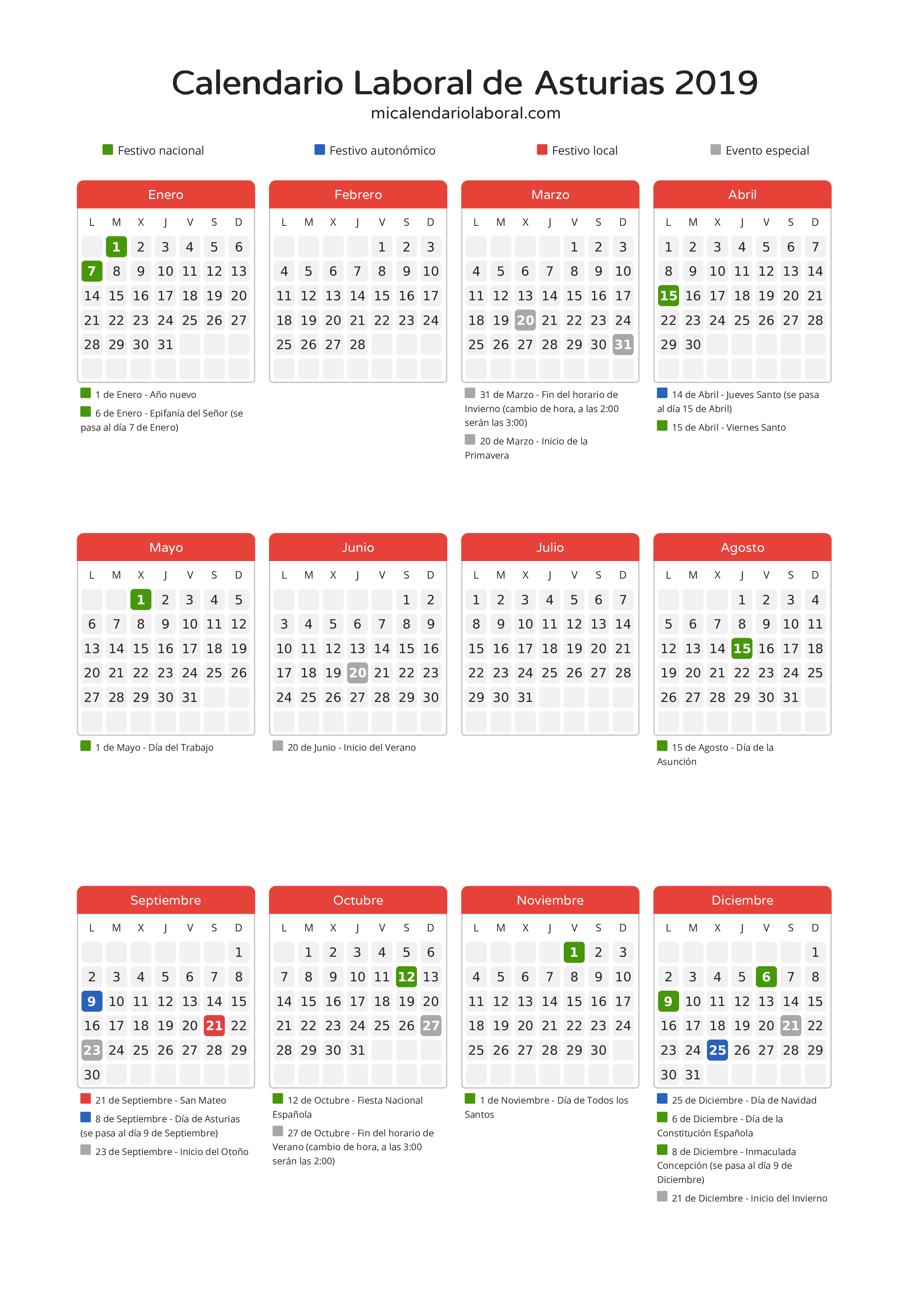 Calendario Laboral de Asturias 2019 - Días festivos - Descubre todos los festivos, días no laborables y días inhábiles en el calendario de Asturias propuestos por Gobierno del Principado de Asturias. Organiza tus vacaciones y puentes en 2019.