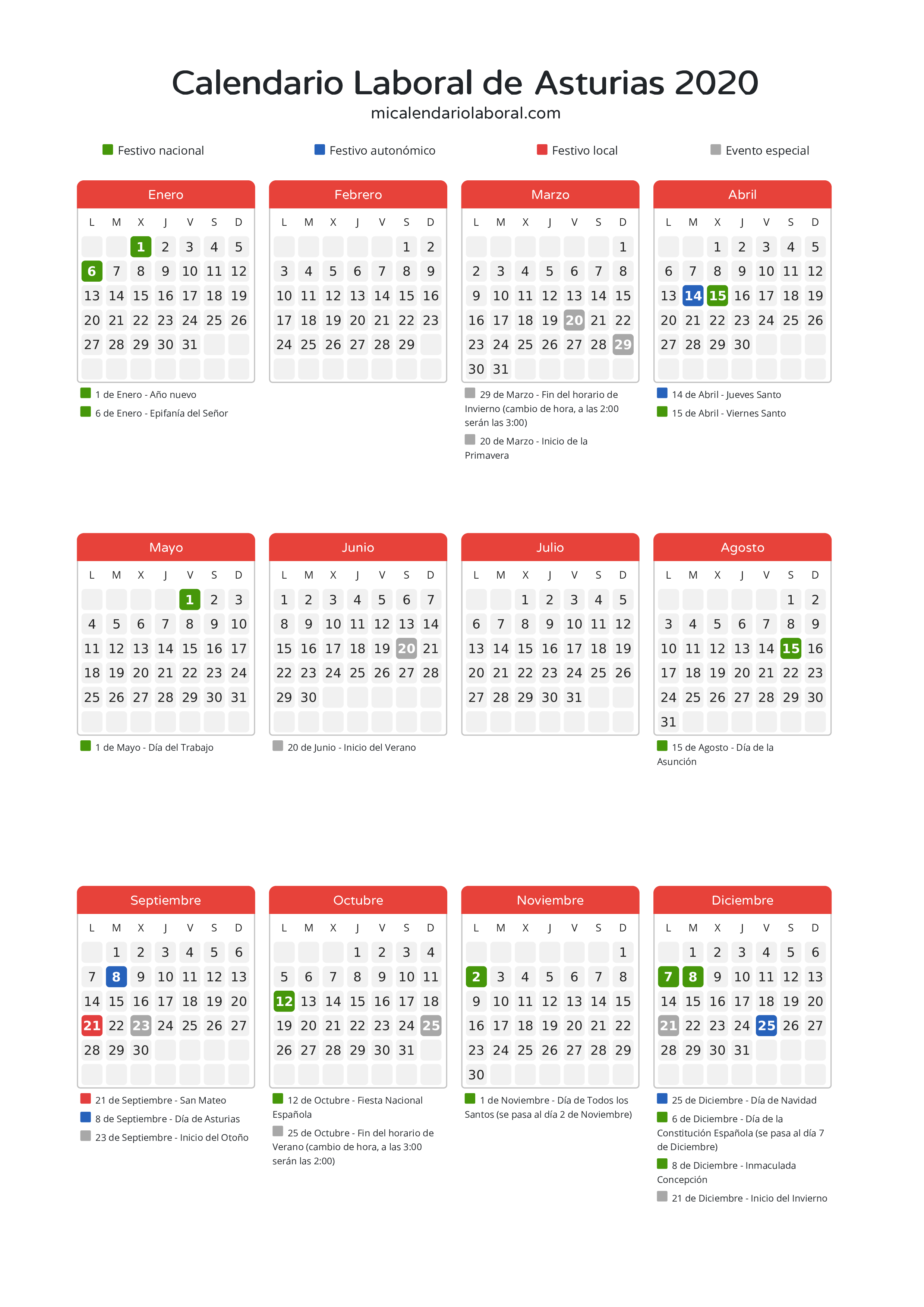 Calendario Laboral de Asturias 2020 - Días festivos - Descubre todos los festivos, días no laborables y días inhábiles en el calendario de Asturias propuestos por Gobierno del Principado de Asturias. Organiza tus vacaciones y puentes en 2020.