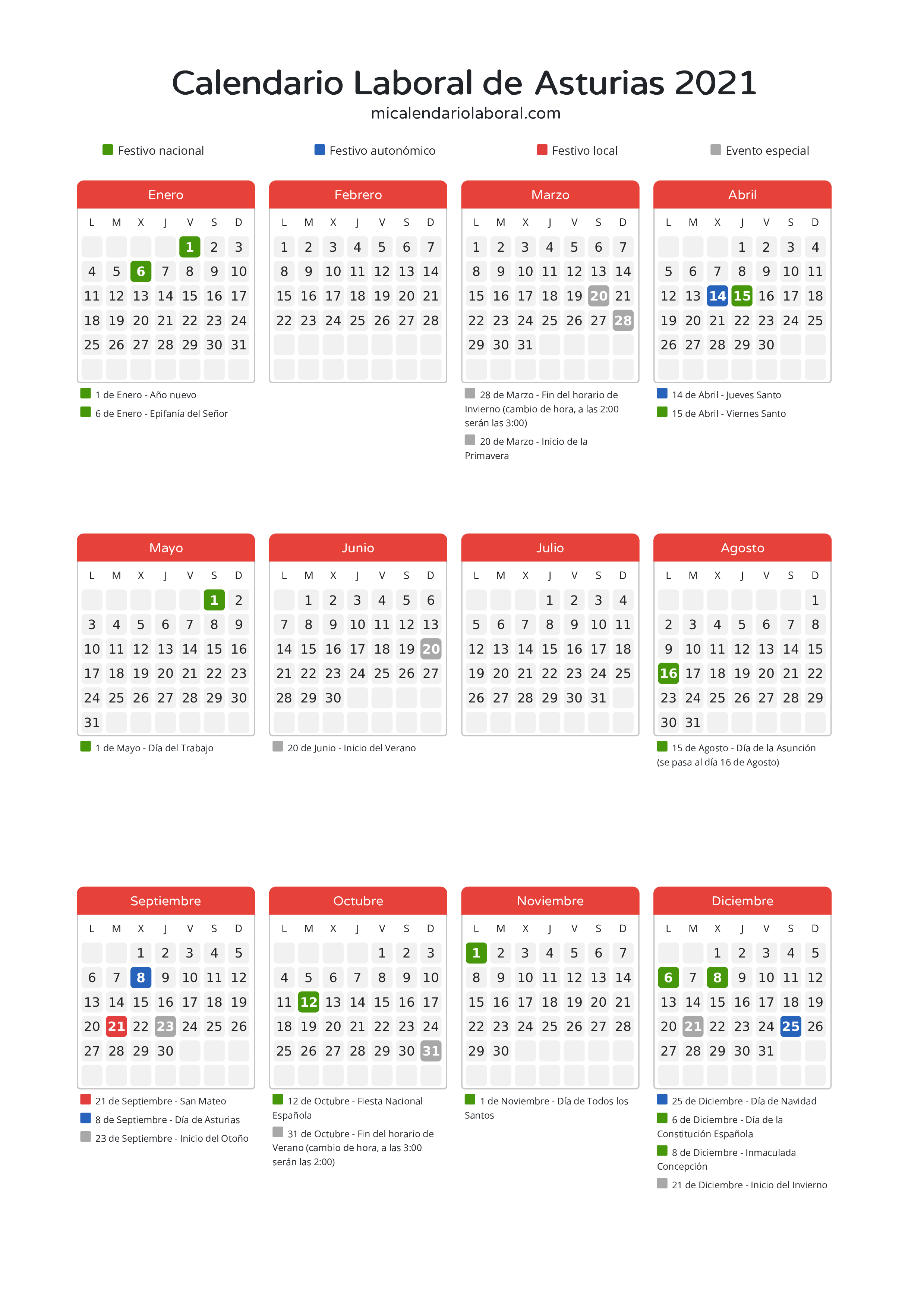 Calendario Laboral de Asturias 2021 - Días festivos - Descubre todos los festivos, días no laborables y días inhábiles en el calendario de Asturias propuestos por Gobierno del Principado de Asturias. Organiza tus vacaciones y puentes en 2021.