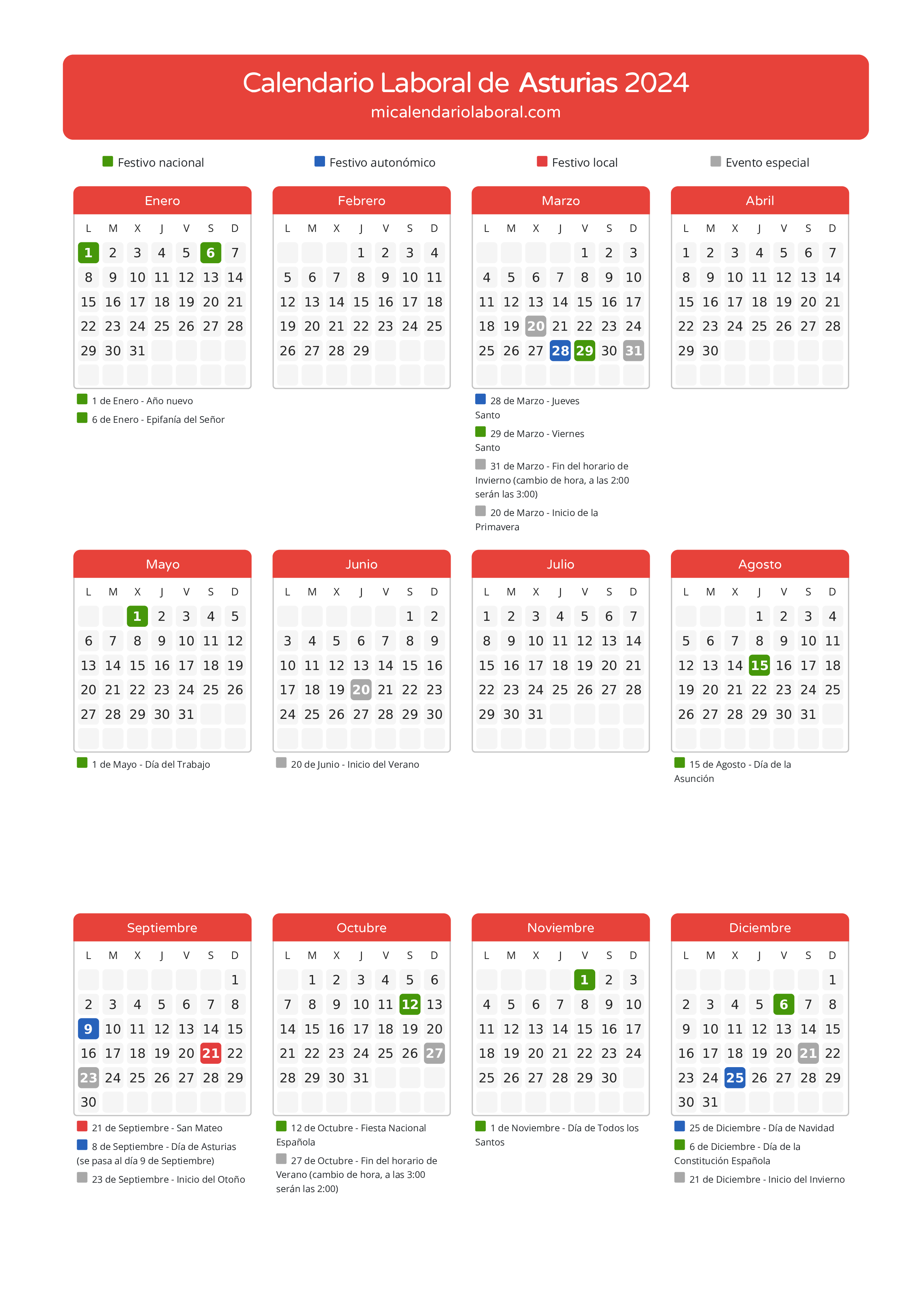 Calendario Laboral de Asturias 2024 - Días festivos - Aquí tienes todos los días festivos, no laborables y días inhábiles de la provincia del calendario de Asturias del año 2024