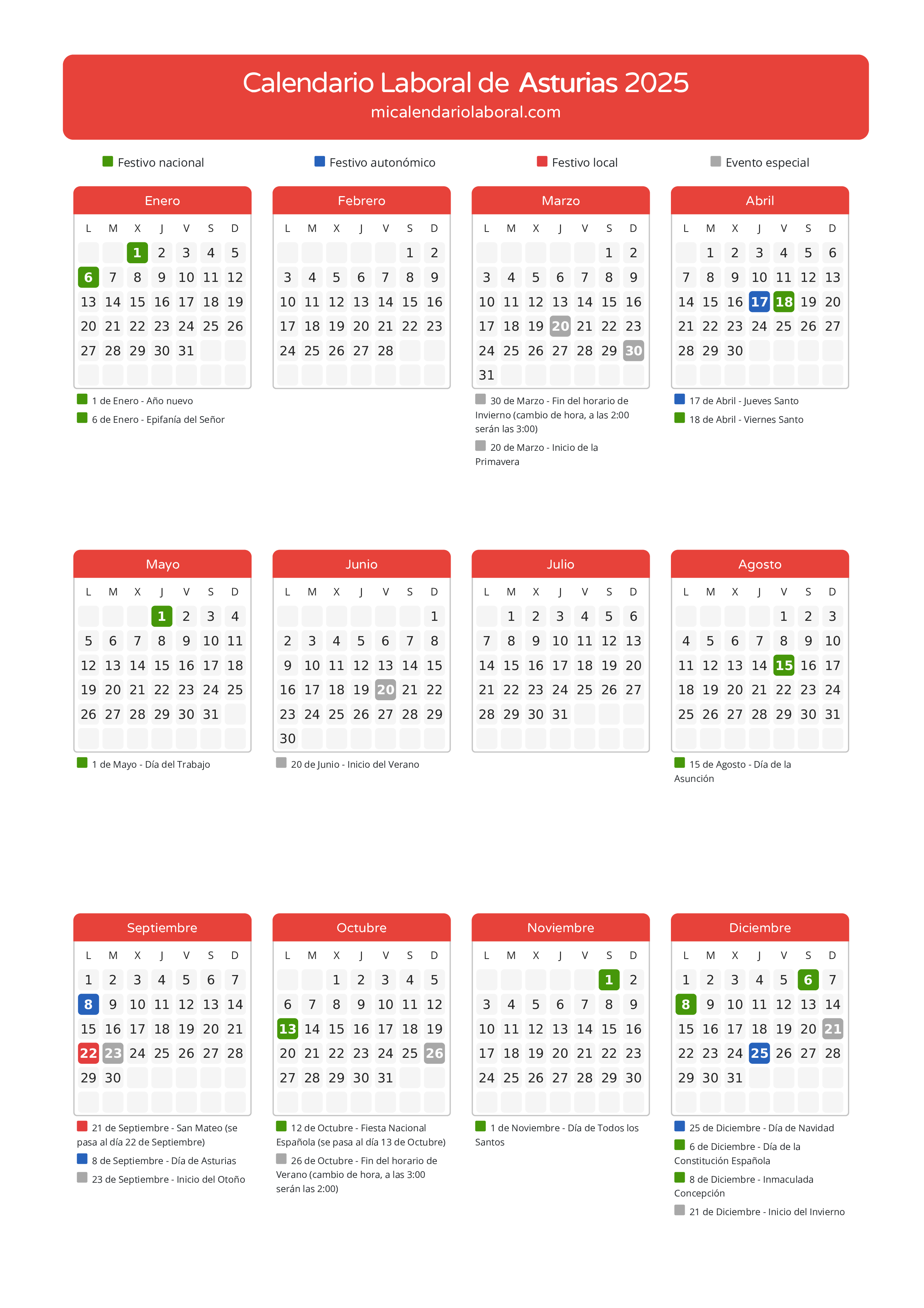 Calendario Laboral de Asturias 2025 - Días festivos - Aquí tienes todos los días festivos, no laborables y días inhábiles de la provincia del calendario de Asturias del año 2025