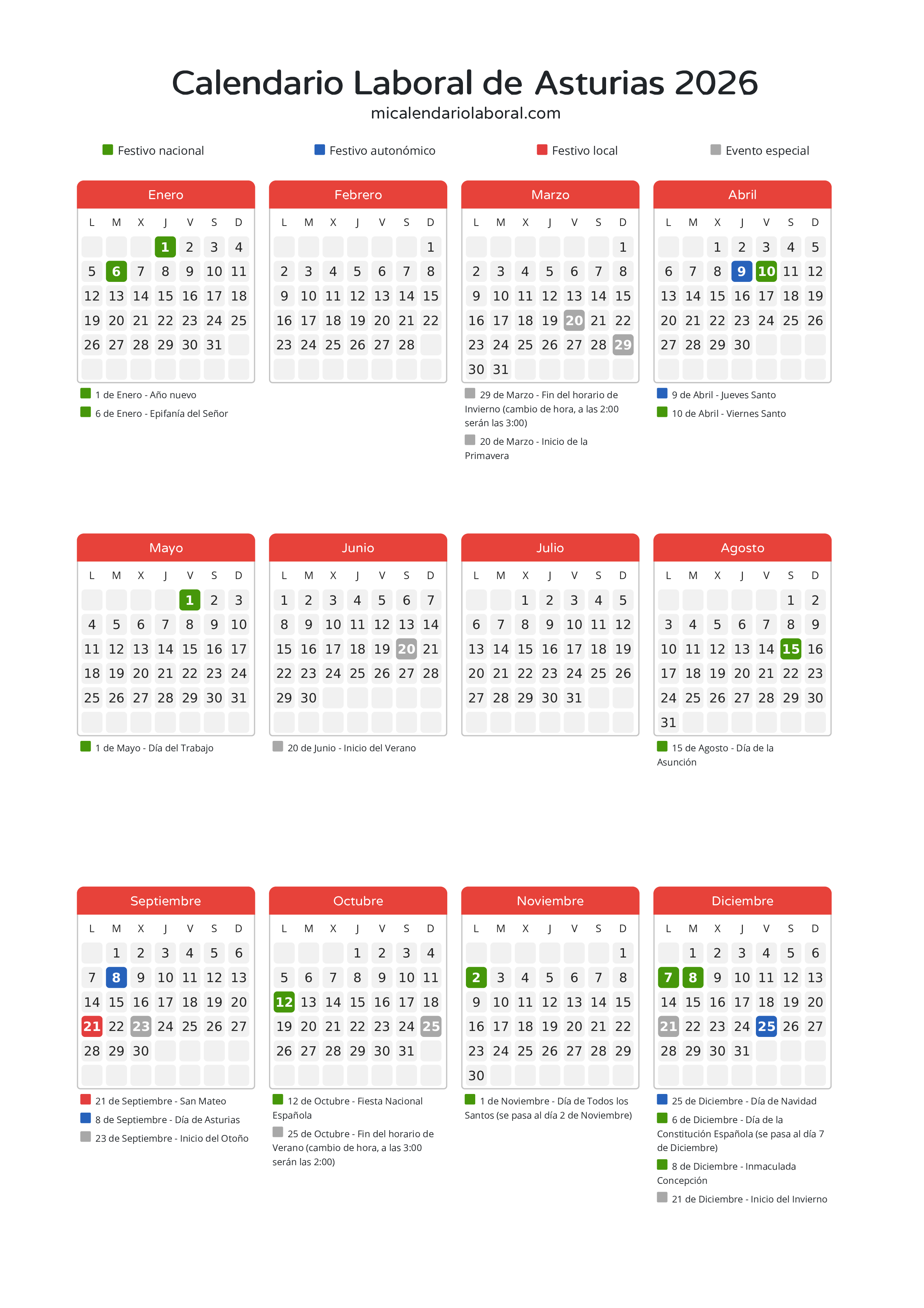 Calendario Laboral de Asturias 2026 - Días festivos - Descubre todos los festivos, días no laborables y días inhábiles en el calendario de Asturias propuestos por Gobierno del Principado de Asturias. Organiza tus vacaciones y puentes en 2026.