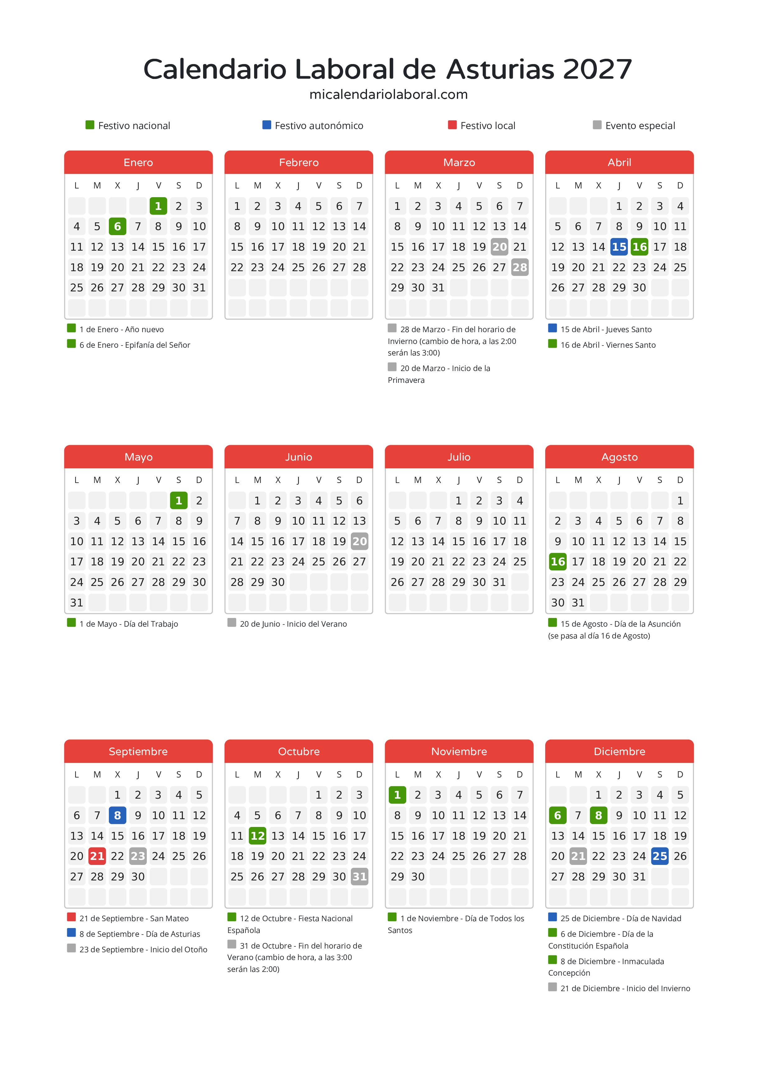 Calendario Laboral de Asturias 2027 - Días festivos - Descubre todos los festivos, días no laborables y días inhábiles en el calendario de Asturias propuestos por Gobierno del Principado de Asturias. Organiza tus vacaciones y puentes en 2027.