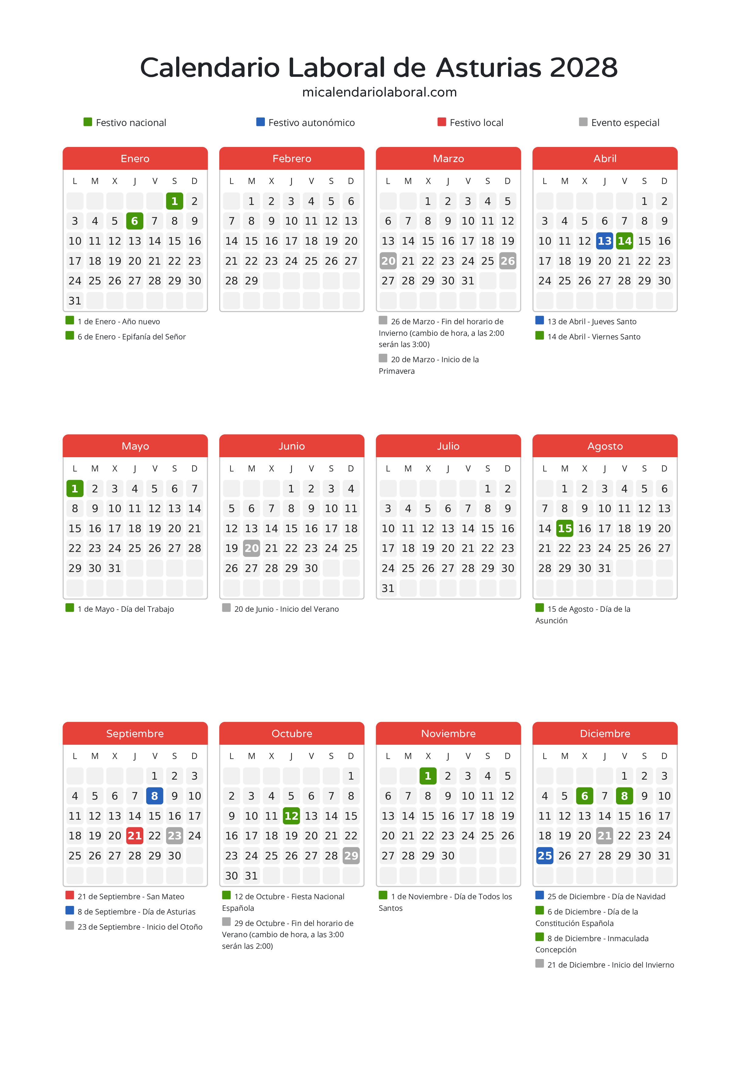 Calendario Laboral de Asturias 2028 - Días festivos - Descubre todos los festivos, días no laborables y días inhábiles en el calendario de Asturias propuestos por Gobierno del Principado de Asturias. Organiza tus vacaciones y puentes en 2028.