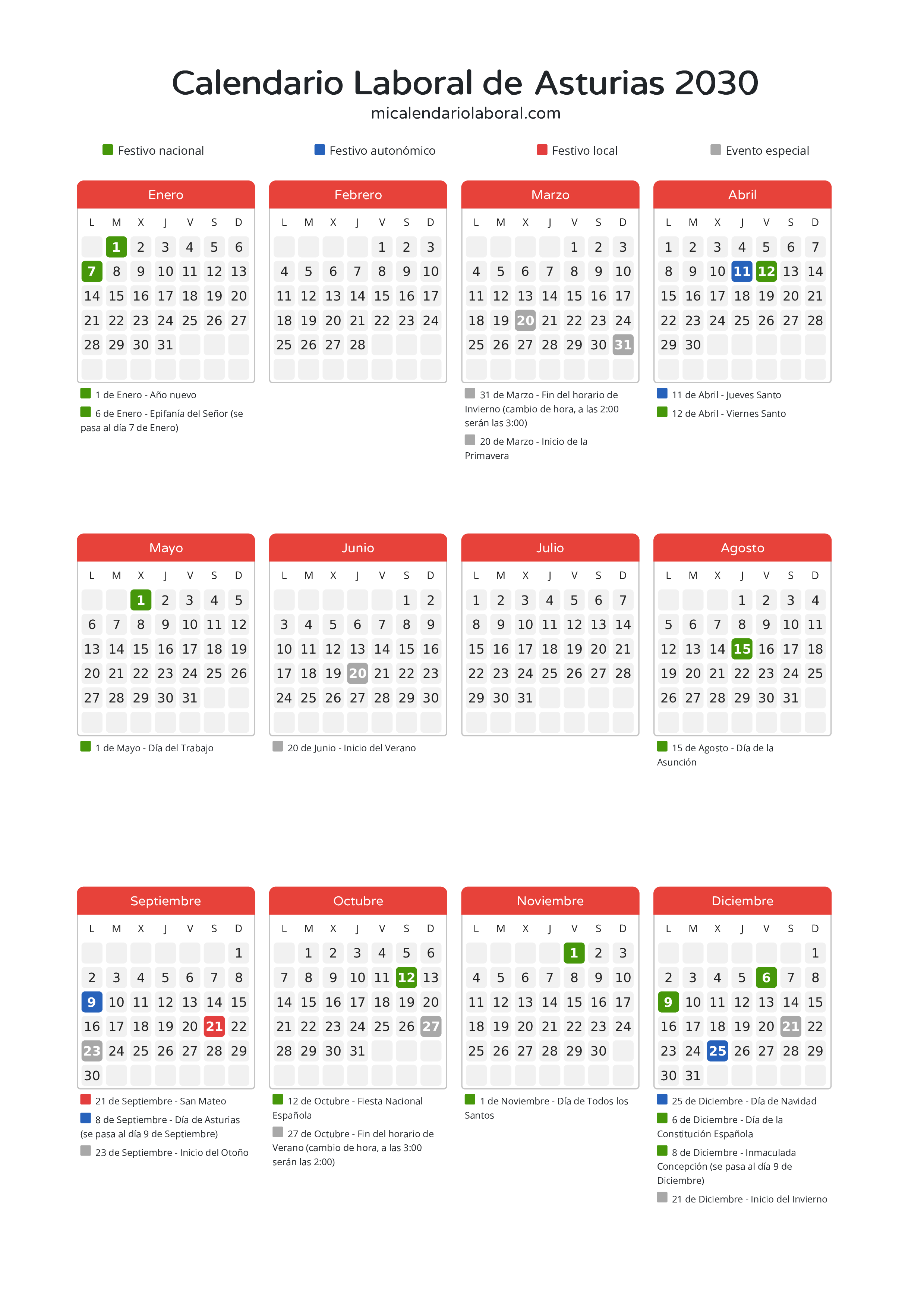 Calendario Laboral de Asturias 2030 - Días festivos - Todos los festivos y días no laborables del calendario de Asturias propuestos por Gobierno del Principado de Asturias. Organiza tus vacaciones y puentes en 2030.