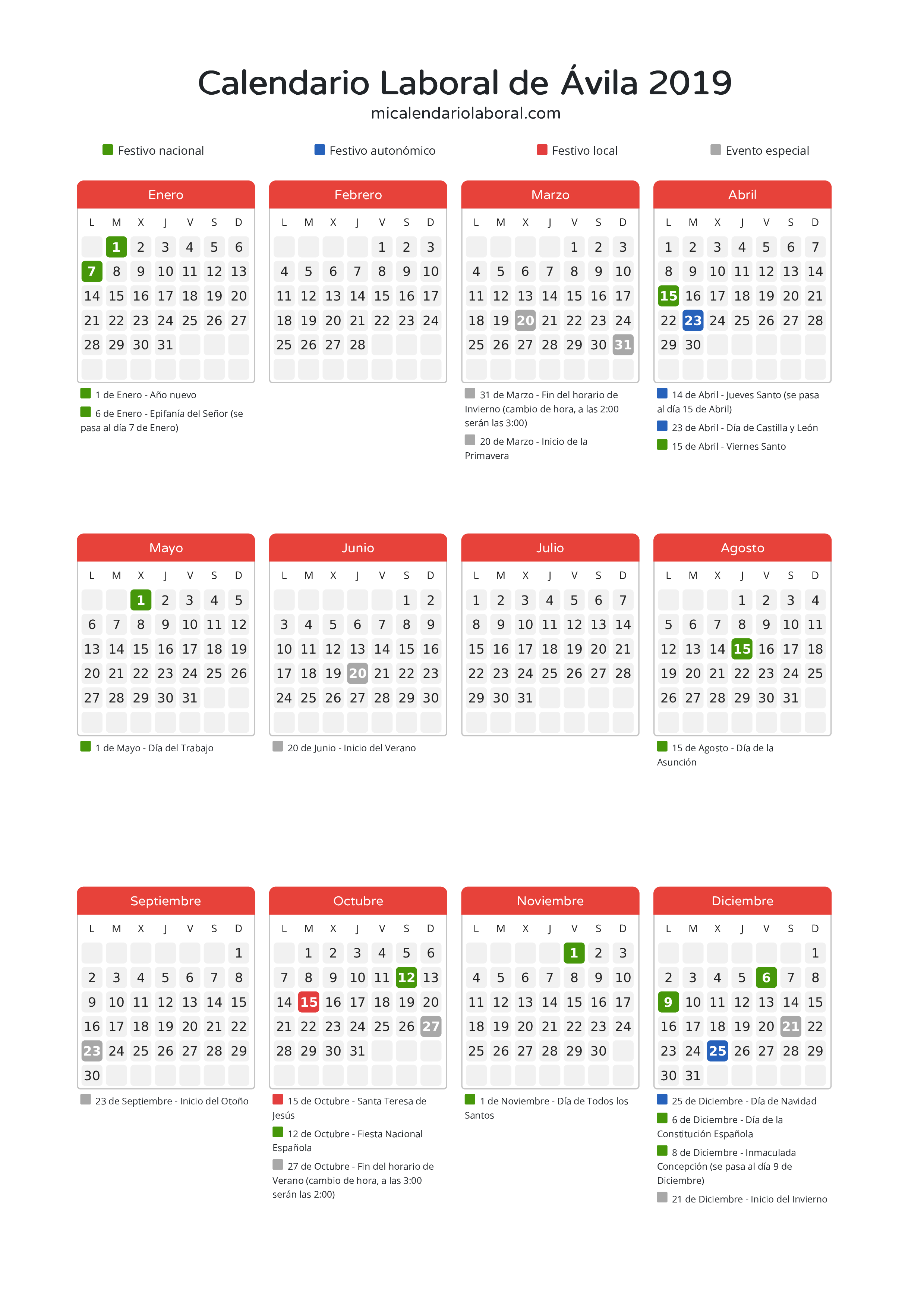 Calendario Laboral de Ávila 2019 - Días festivos - Descubre todos los festivos, días no laborables y días inhábiles en el calendario de Ávila propuestos por Junta de Castilla y León. Organiza tus vacaciones y puentes en 2019.