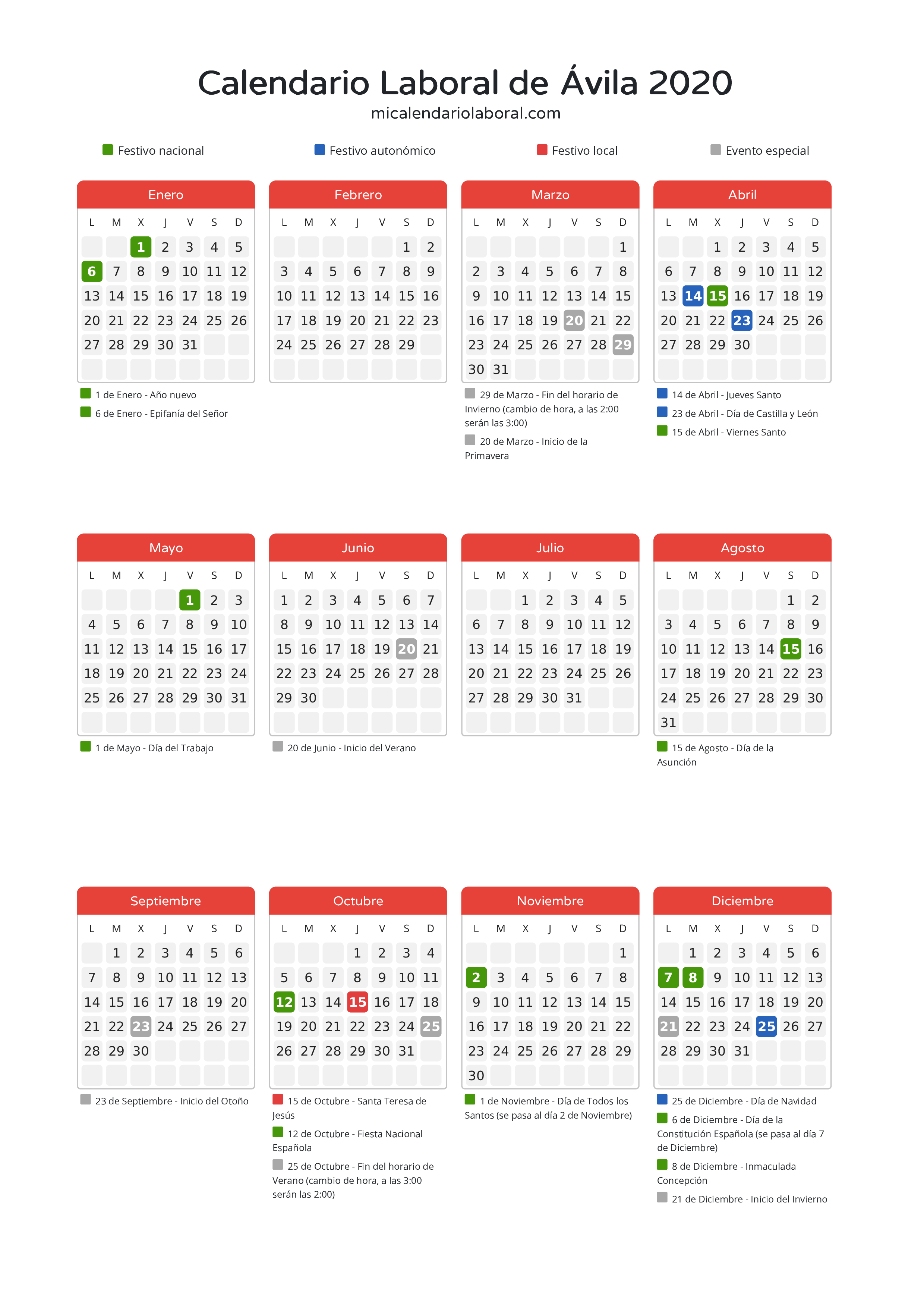 Calendario Laboral de Ávila 2020 - Días festivos - Descubre todos los festivos, días no laborables y días inhábiles en el calendario de Ávila propuestos por Junta de Castilla y León. Organiza tus vacaciones y puentes en 2020.