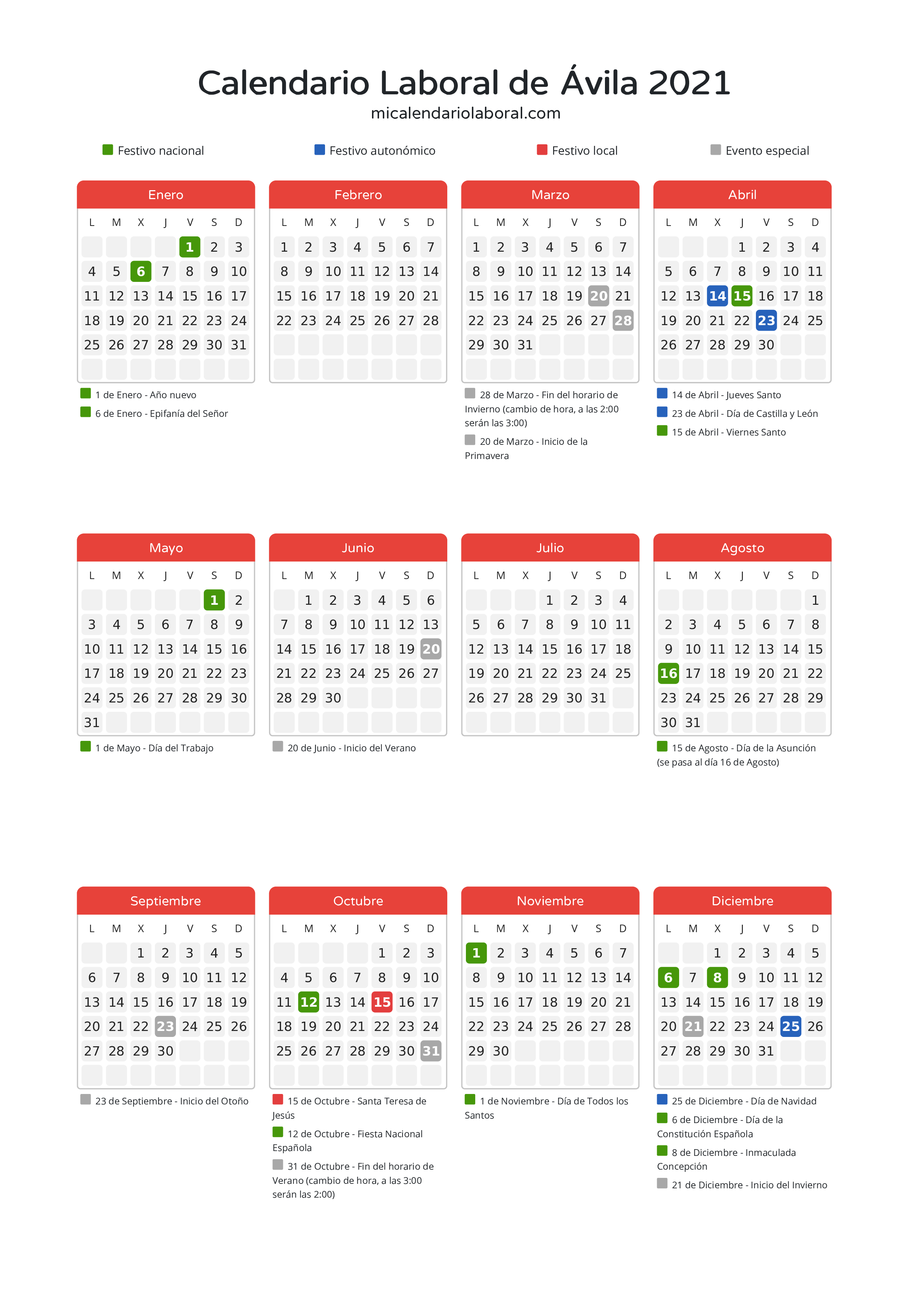 Calendario Laboral de Ávila 2021 - Días festivos - Descubre todos los festivos, días no laborables y días inhábiles en el calendario de Ávila propuestos por Junta de Castilla y León. Organiza tus vacaciones y puentes en 2021.