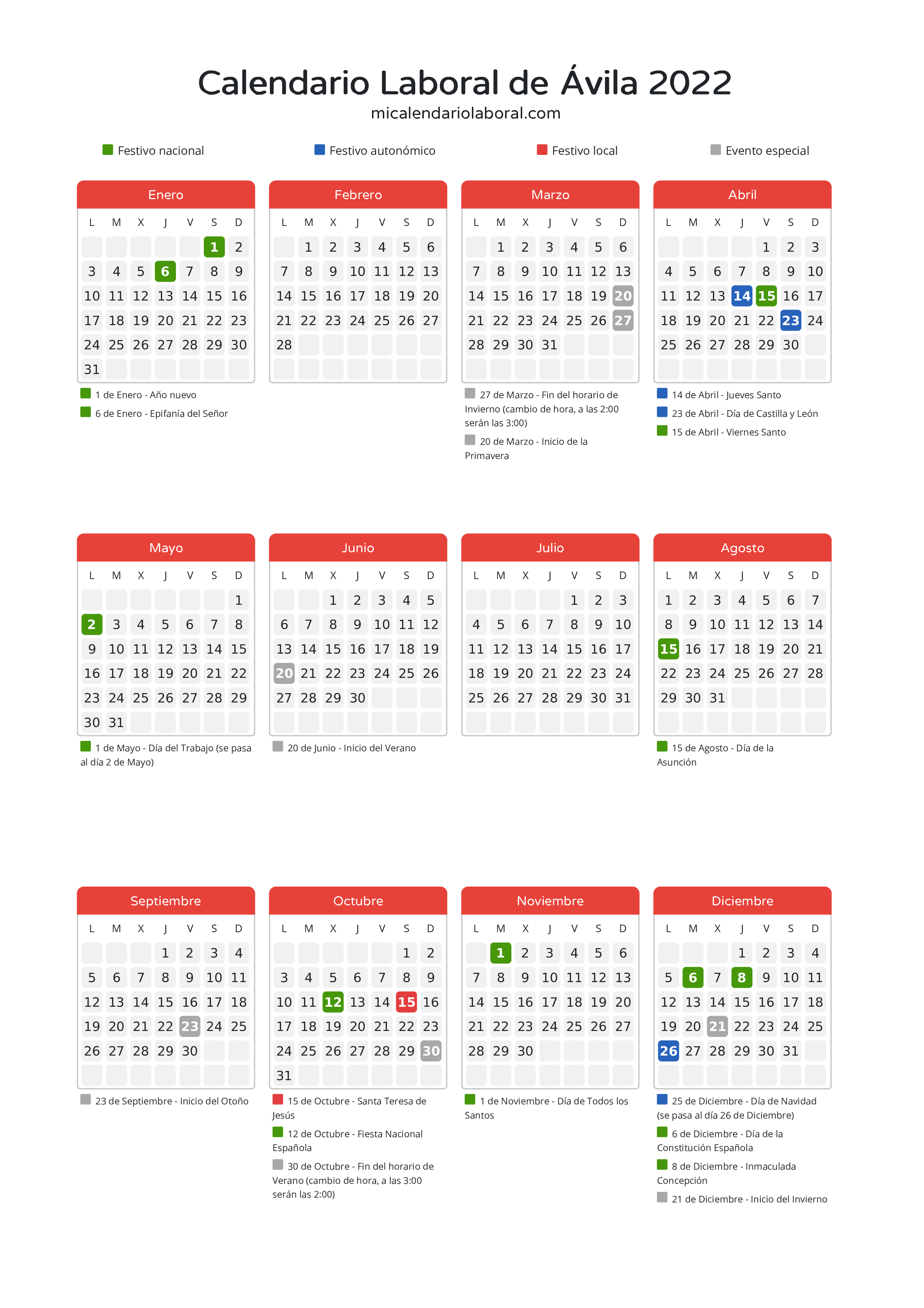 Calendario Laboral de Ávila 2022 - Días festivos - Descubre todos los festivos, días no laborables y días inhábiles en el calendario de Ávila propuestos por Junta de Castilla y León. Organiza tus vacaciones y puentes en 2022.