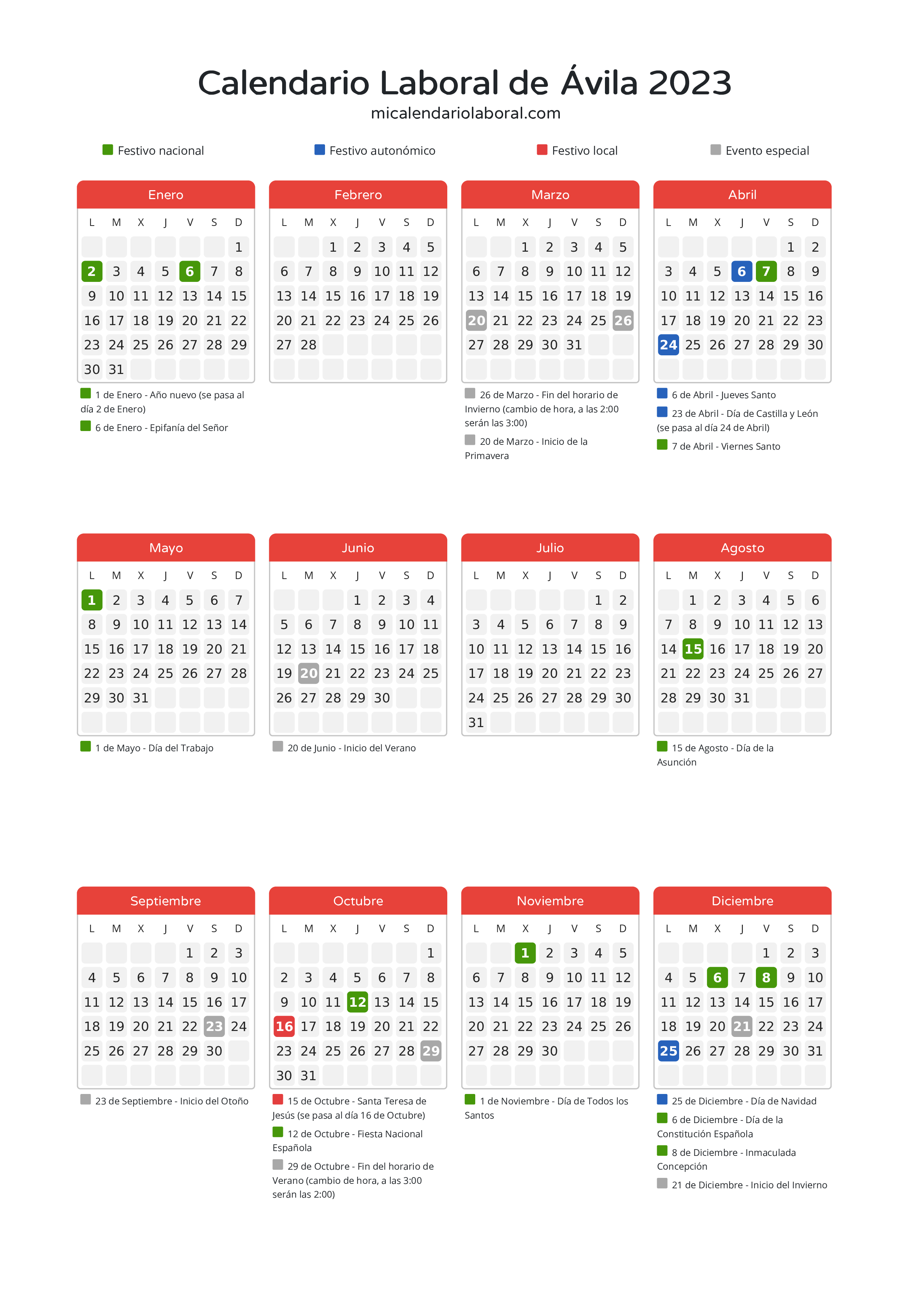 Calendario Laboral de Ávila 2023 - Días festivos - Aquí tienes todos los días festivos, no laborables y días inhábiles de la provincia del calendario de Ávila del año 2023