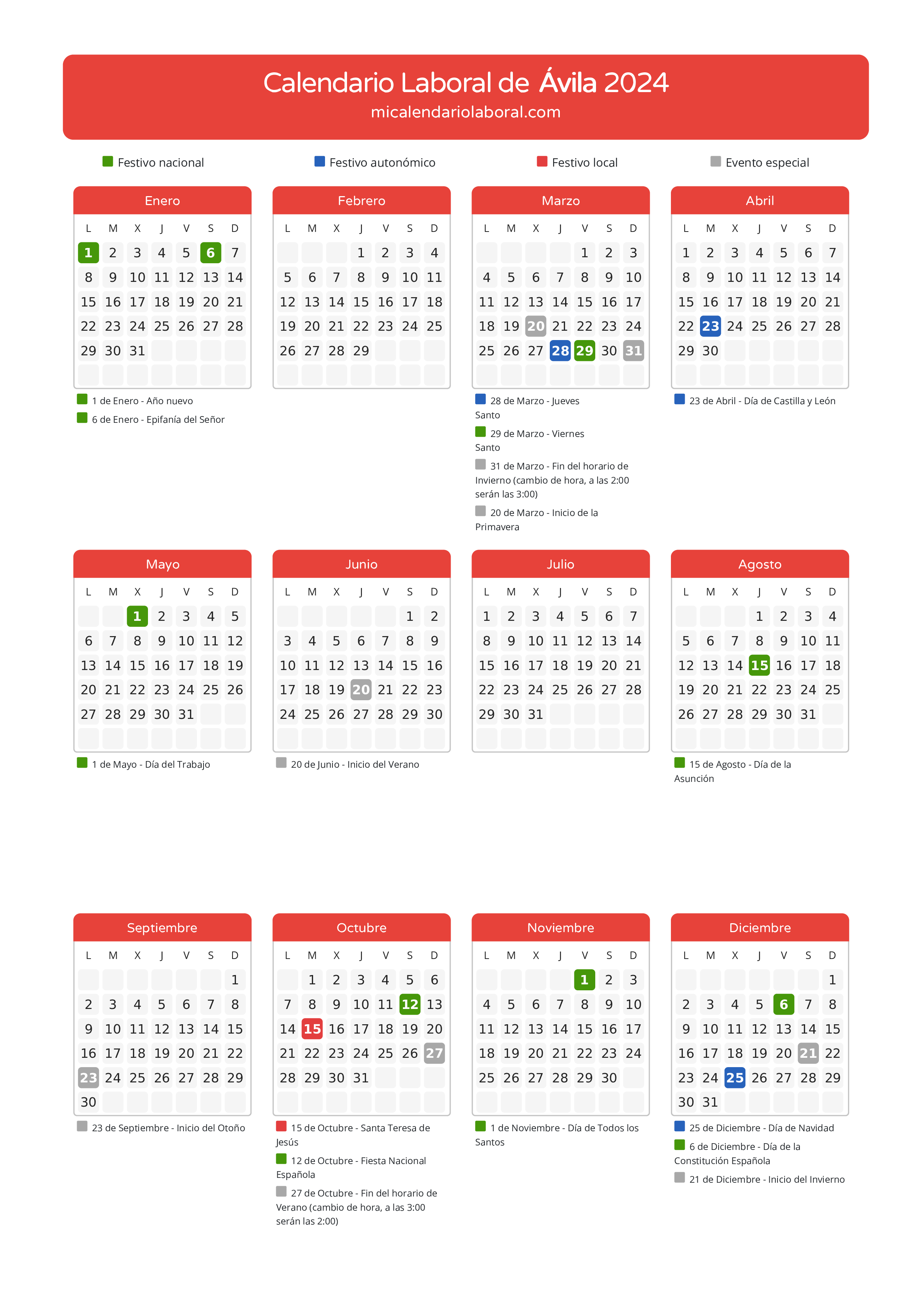 Calendario Laboral de Ávila 2024 - Días festivos - Aquí tienes todos los días festivos, no laborables y días inhábiles de la provincia del calendario de Ávila del año 2024