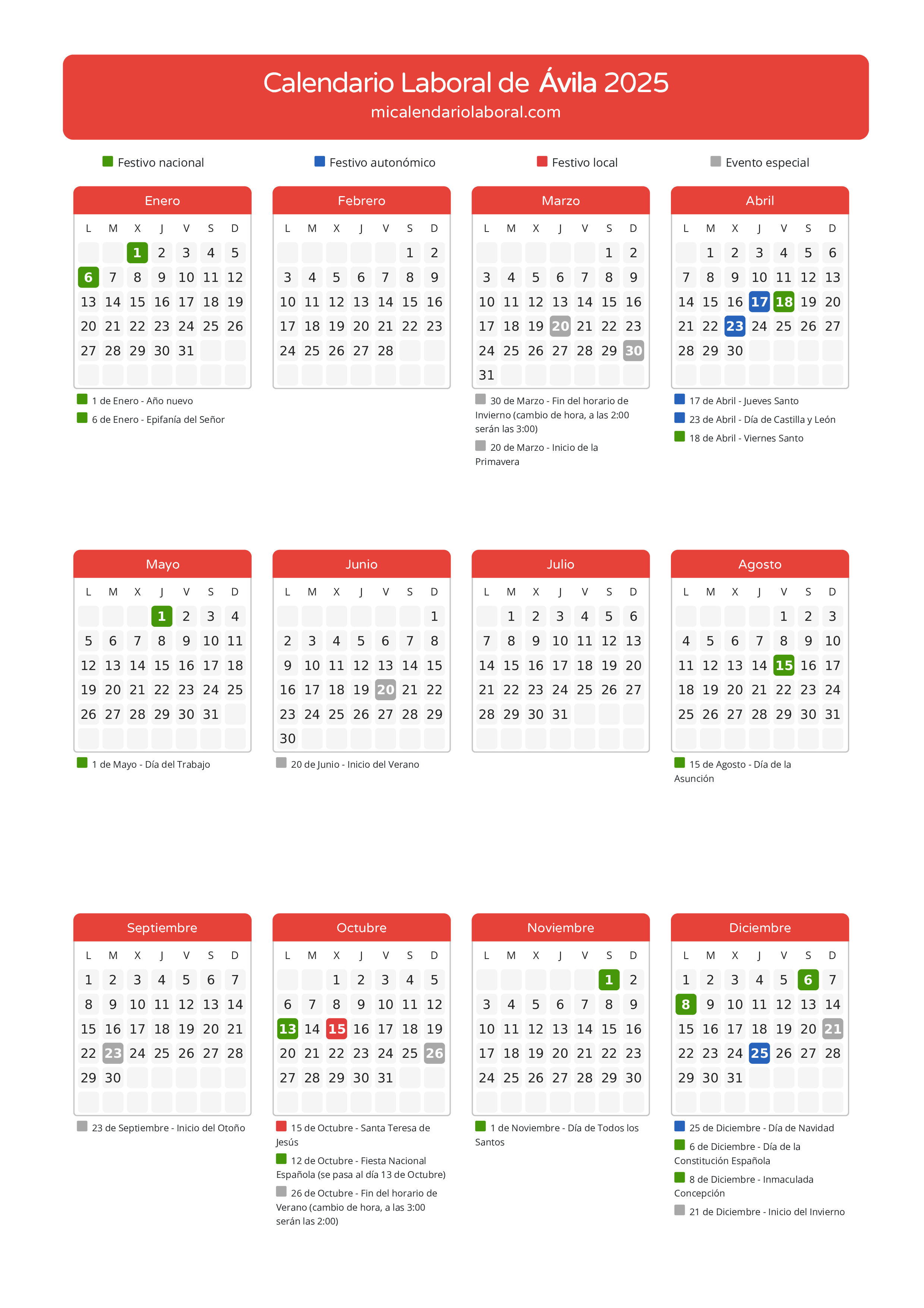 Calendario Laboral de Ávila 2025 - Días festivos - Aquí tienes todos los días festivos, no laborables y días inhábiles de la provincia del calendario de Ávila del año 2025