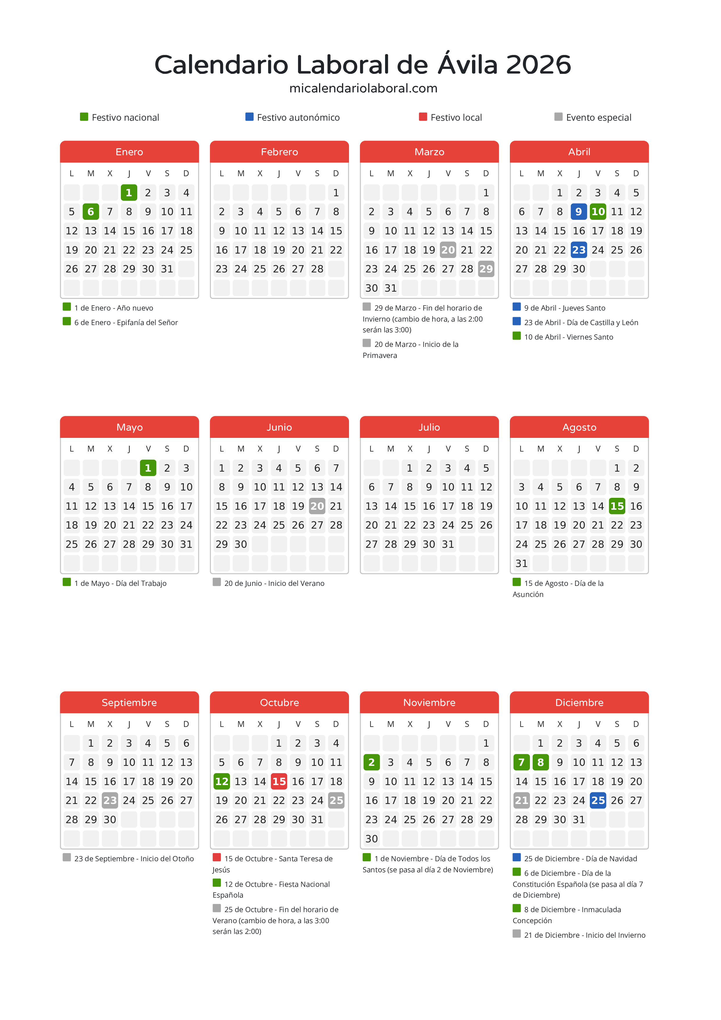 Calendario Laboral de Ávila 2026 - Días festivos - Descubre todos los festivos, días no laborables y días inhábiles en el calendario de Ávila propuestos por Junta de Castilla y León. Organiza tus vacaciones y puentes en 2026.
