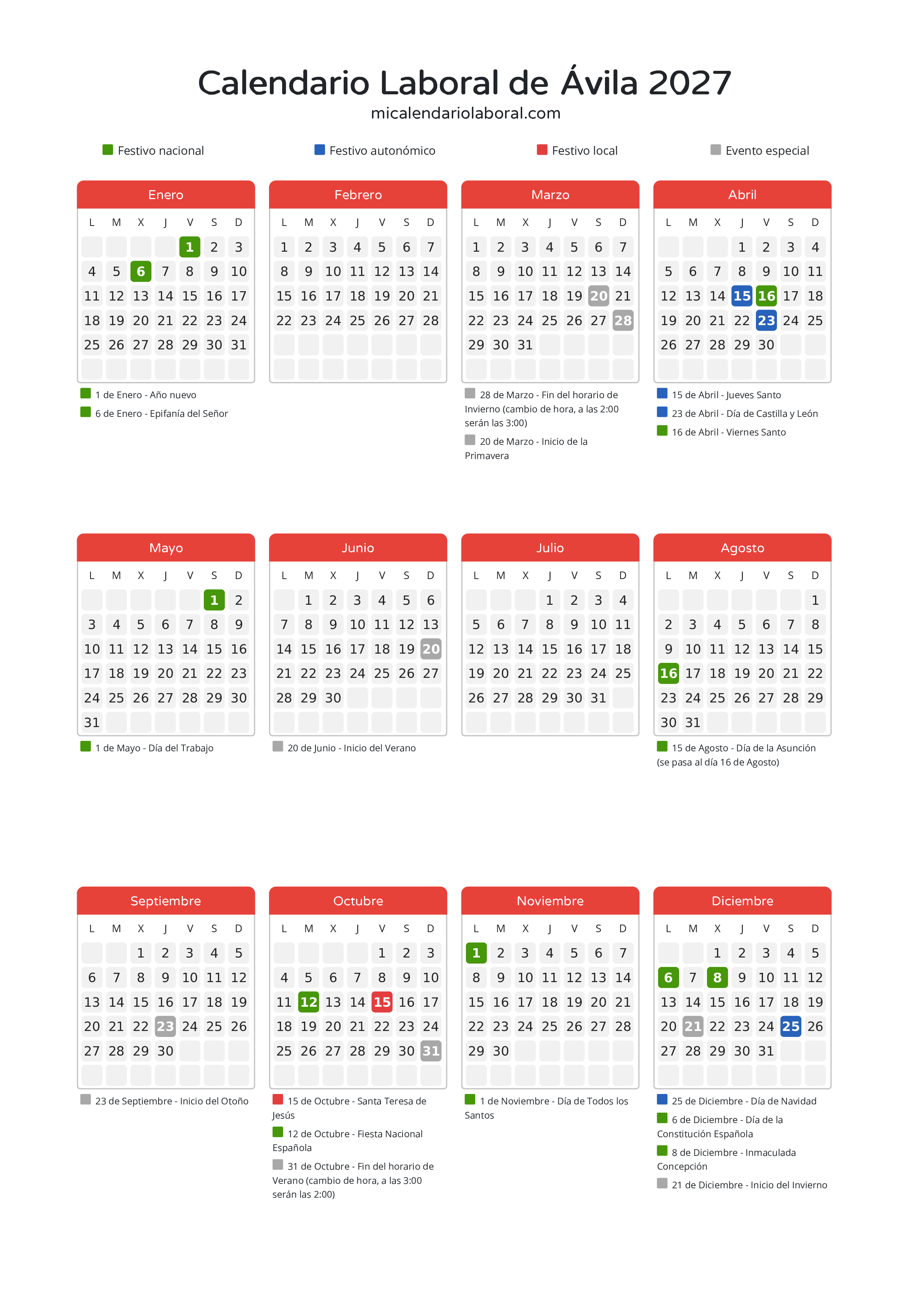 Calendario Laboral de Ávila 2027 - Días festivos - Todos los festivos y días no laborables del calendario de Ávila propuestos por Junta de Castilla y León. Organiza tus vacaciones y puentes en 2027.