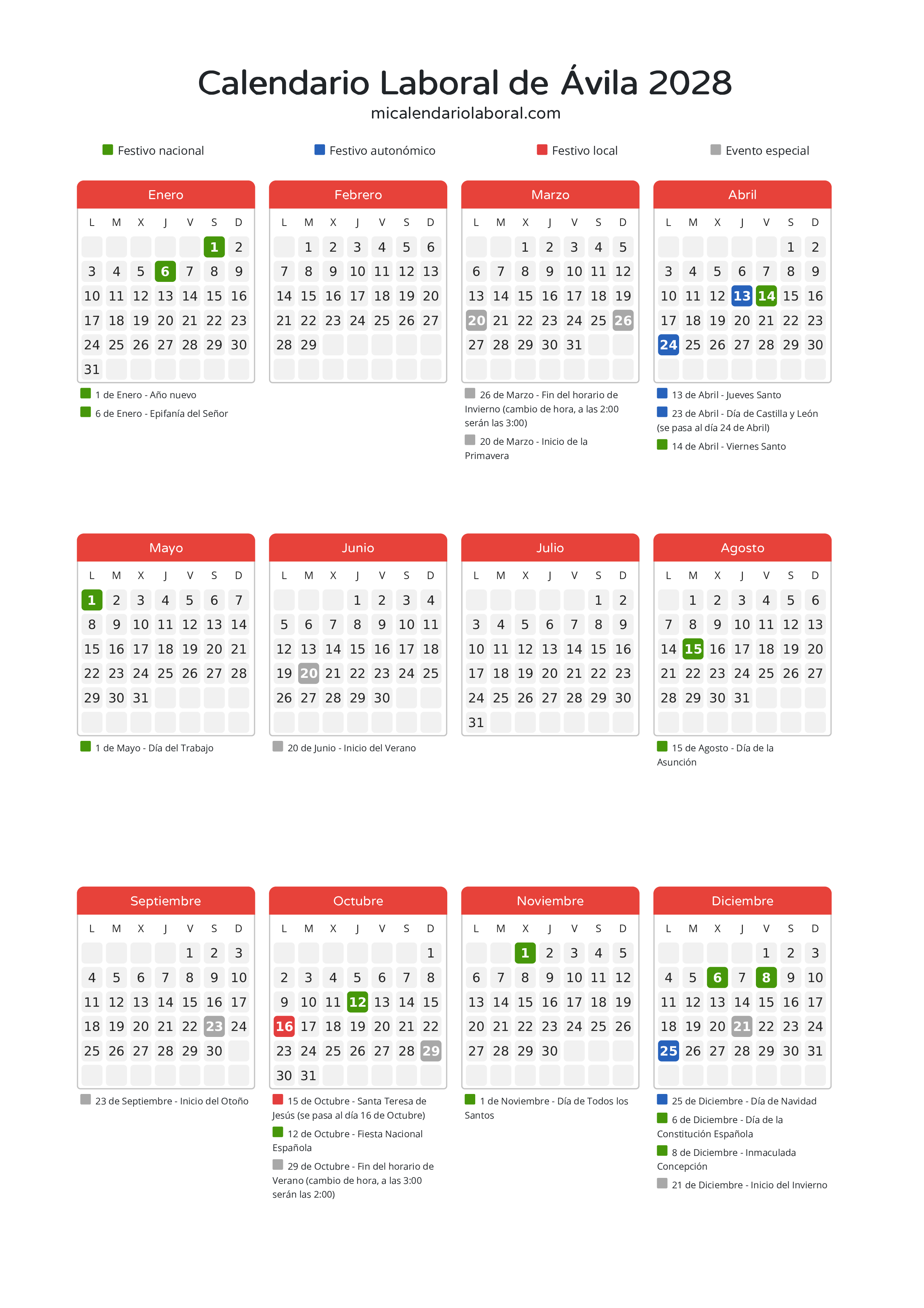 Calendario Laboral de Ávila 2028 - Días festivos - Descubre todos los festivos, días no laborables y días inhábiles en el calendario de Ávila propuestos por Junta de Castilla y León. Organiza tus vacaciones y puentes en 2028.