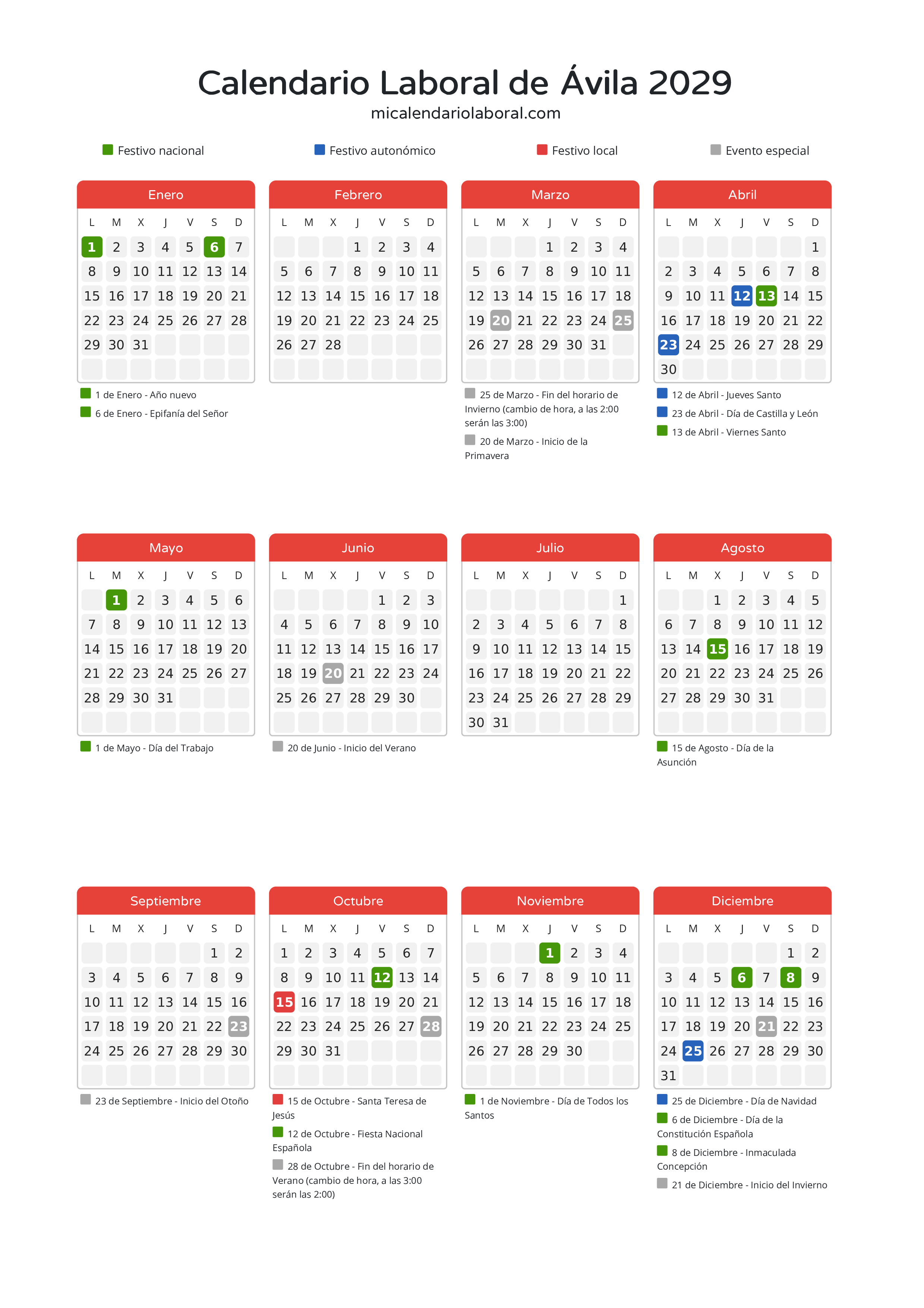 Calendario Laboral de Ávila 2029 - Días festivos - Descubre todos los festivos, días no laborables y días inhábiles en el calendario de Ávila propuestos por Junta de Castilla y León. Organiza tus vacaciones y puentes en 2029.