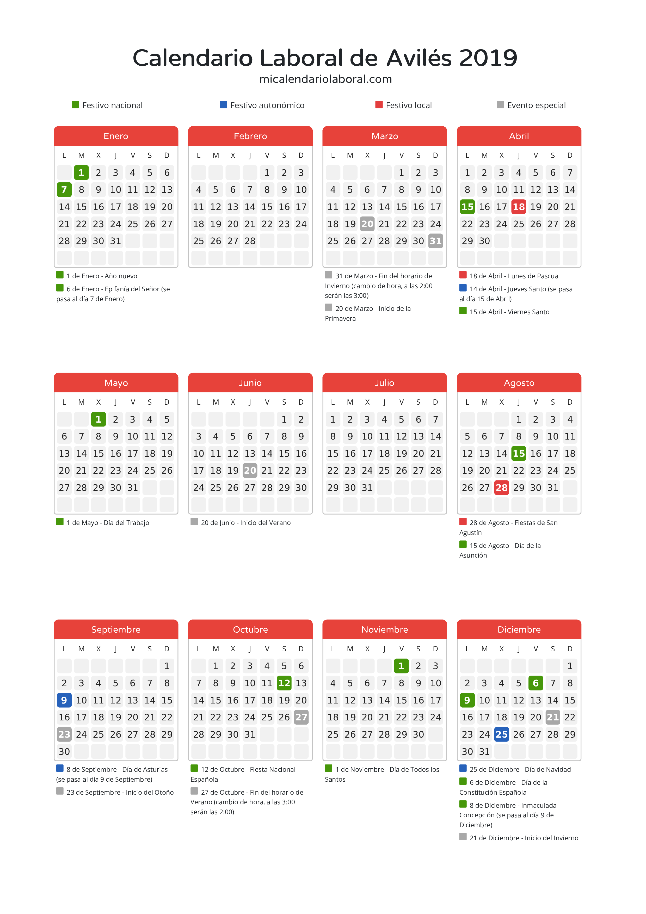 Calendario Laboral de Avilés 2019 - Días festivos - Descubre todos los festivos, días no laborables y días inhábiles en el calendario de Avilés propuestos por Gobierno del Principado de Asturias. Organiza tus vacaciones y puentes en 2019.