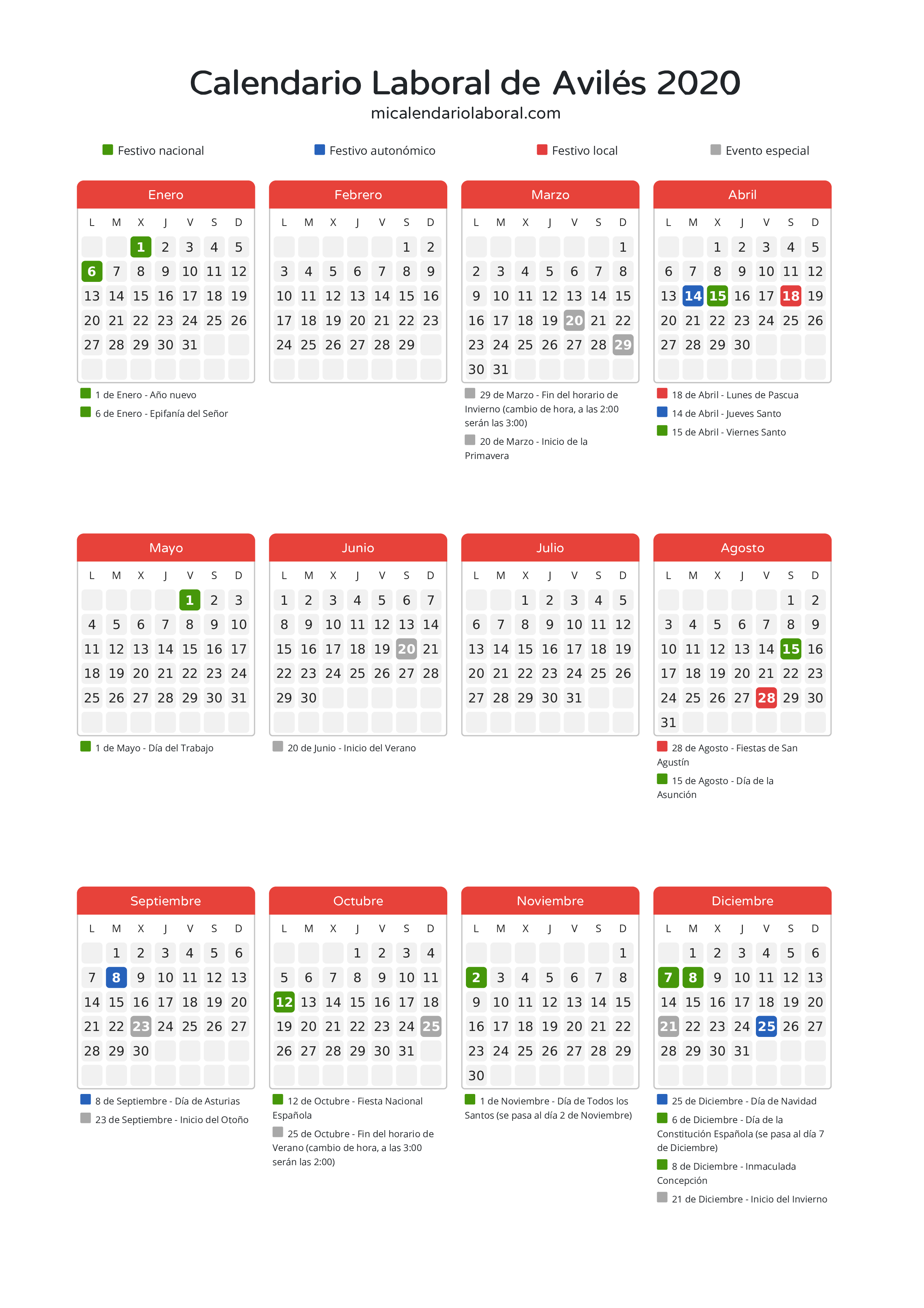 Calendario Laboral de Avilés 2020 - Días festivos - Descubre todos los festivos, días no laborables y días inhábiles en el calendario de Avilés propuestos por Gobierno del Principado de Asturias. Organiza tus vacaciones y puentes en 2020.