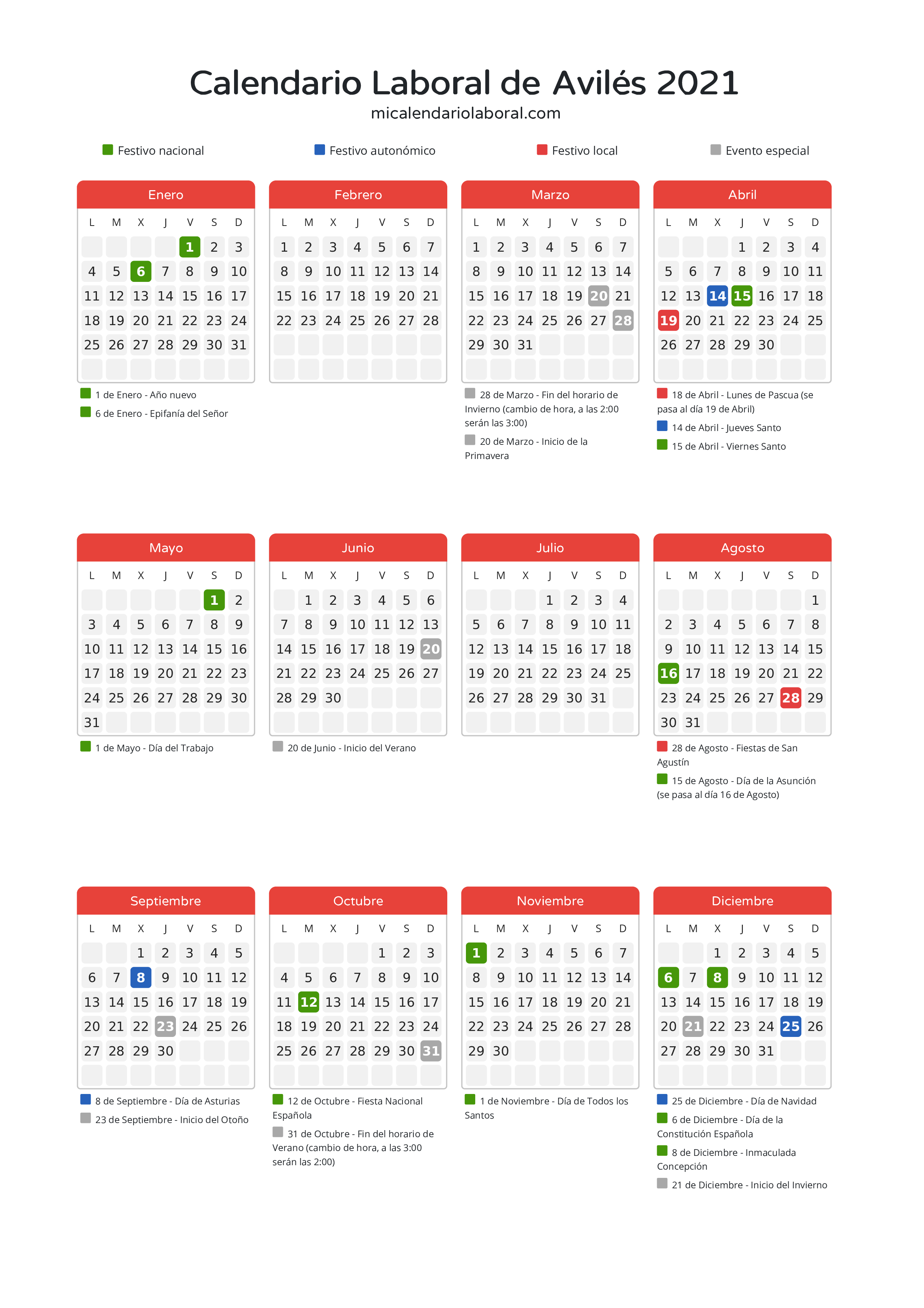 Calendario Laboral de Avilés 2021 - Días festivos - Descubre todos los festivos, días no laborables y días inhábiles en el calendario de Avilés propuestos por Gobierno del Principado de Asturias. Organiza tus vacaciones y puentes en 2021.