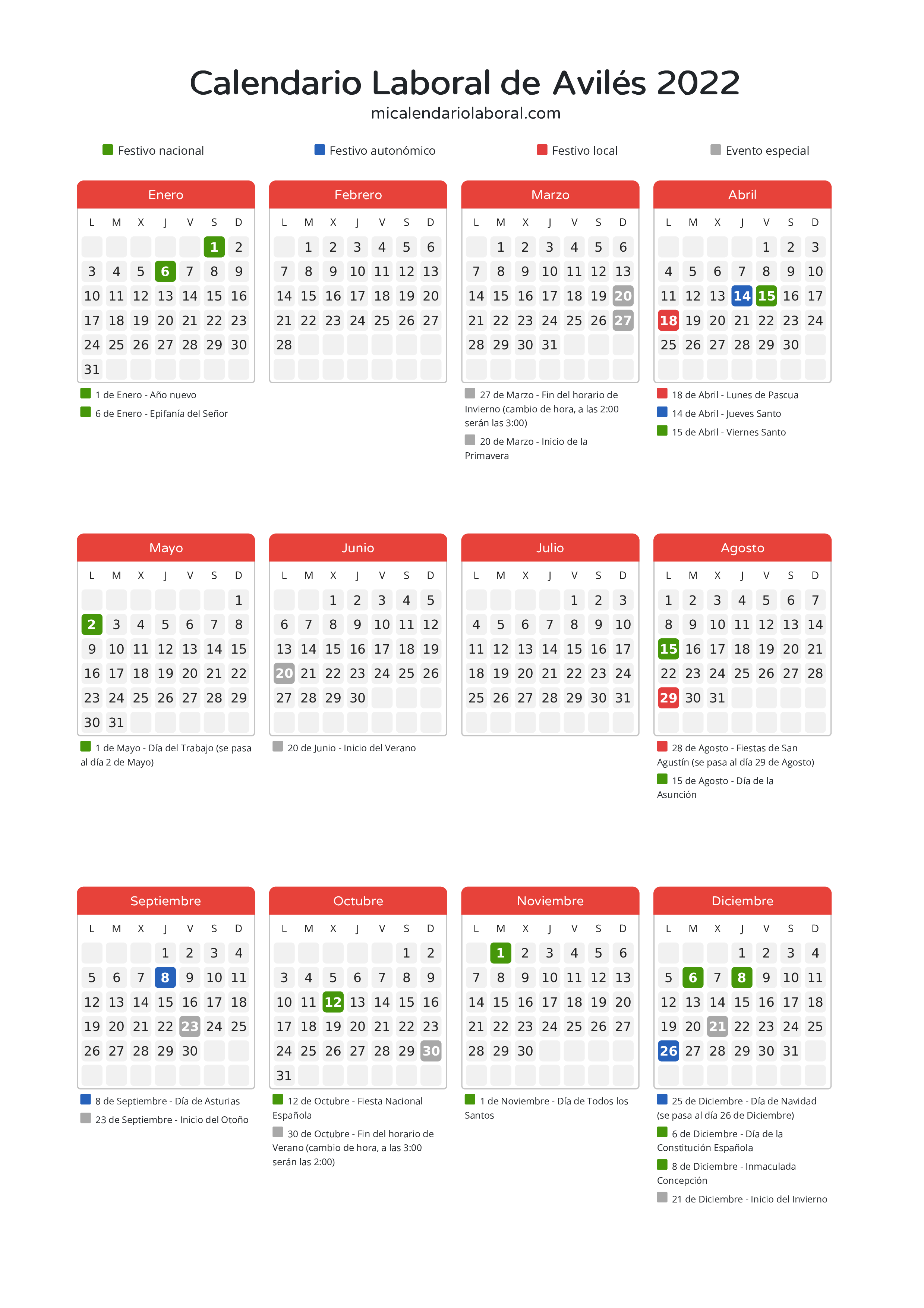 Calendario Laboral de Avilés 2022 - Días festivos - Descubre todos los festivos, días no laborables y días inhábiles en el calendario de Avilés propuestos por Gobierno del Principado de Asturias. Organiza tus vacaciones y puentes en 2022.