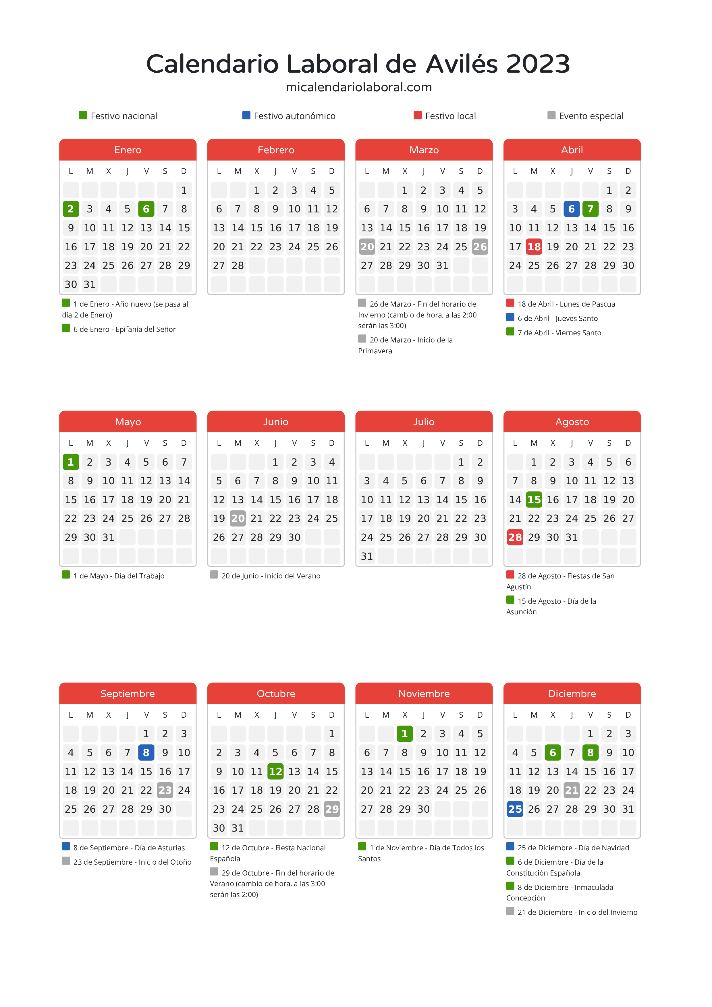 Calendario Laboral de Avilés 2023 - Días festivos - Aquí tienes todos los días festivos, no laborables y días inhábiles de la provincia del calendario de Avilés del año 2023