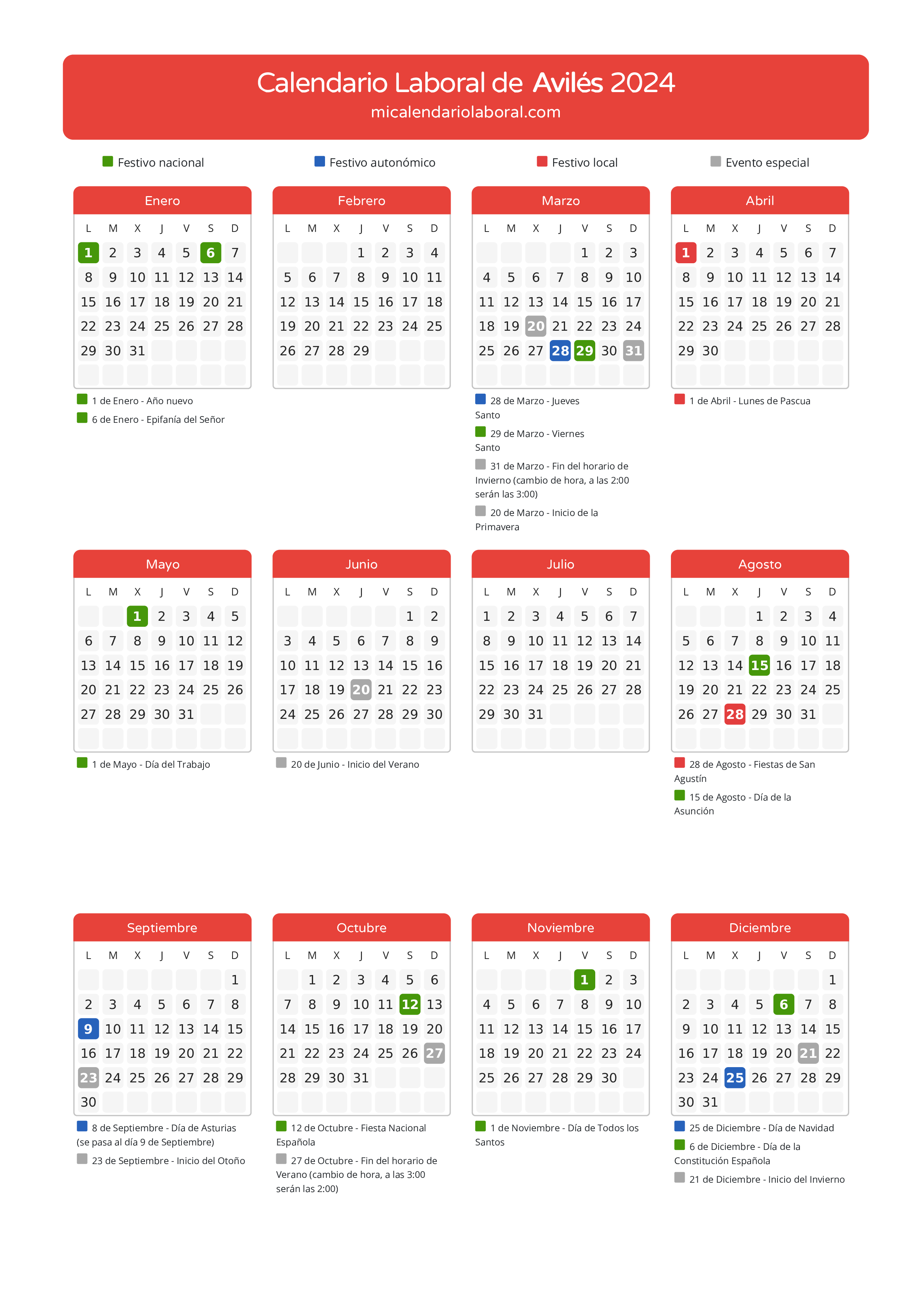 Calendario Laboral de Avilés 2024 - Días festivos - Aquí tienes todos los días festivos, no laborables y días inhábiles de la provincia del calendario de Avilés del año 2024