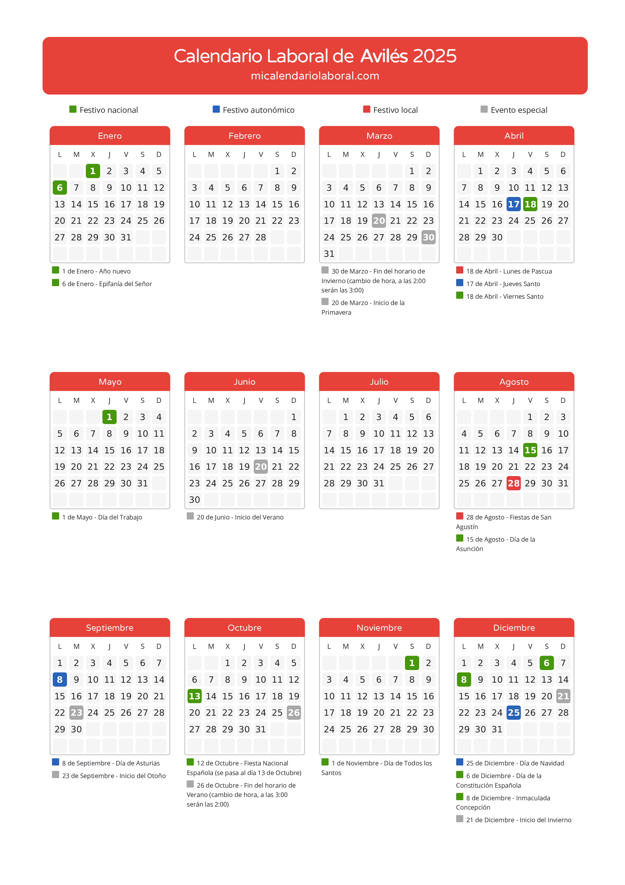 Calendario Laboral de Avilés 2025 - Días festivos - Aquí tienes todos los días festivos, no laborables y días inhábiles de la provincia del calendario de Avilés del año 2025