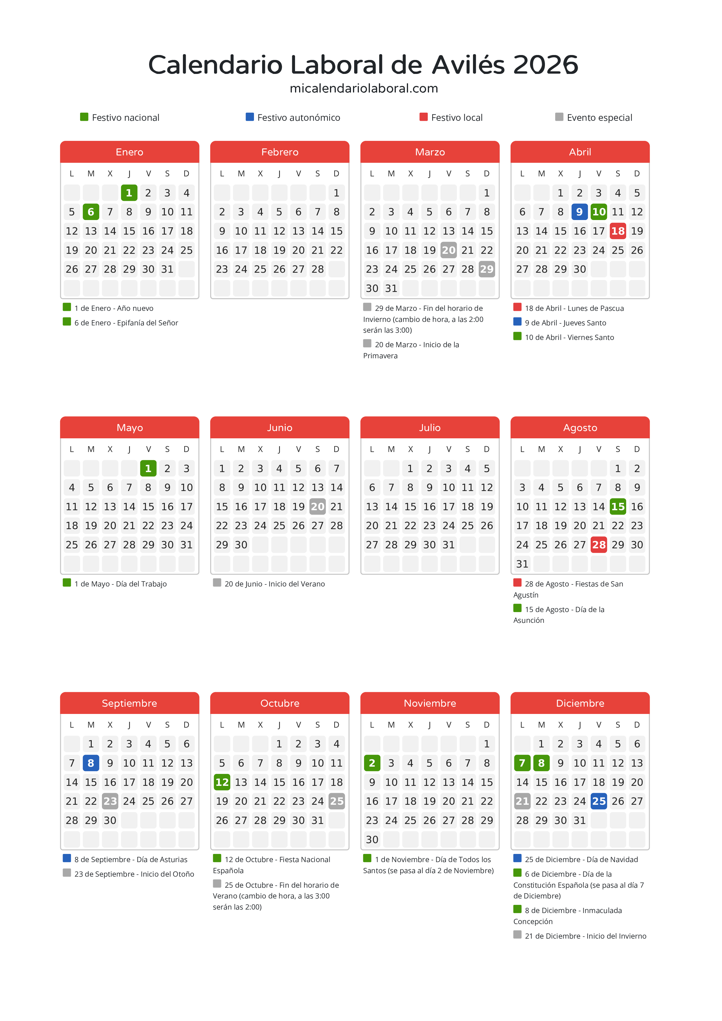 Calendario Laboral de Avilés 2026 - Días festivos - Descubre todos los festivos, días no laborables y días inhábiles en el calendario de Avilés propuestos por Gobierno del Principado de Asturias. Organiza tus vacaciones y puentes en 2026.