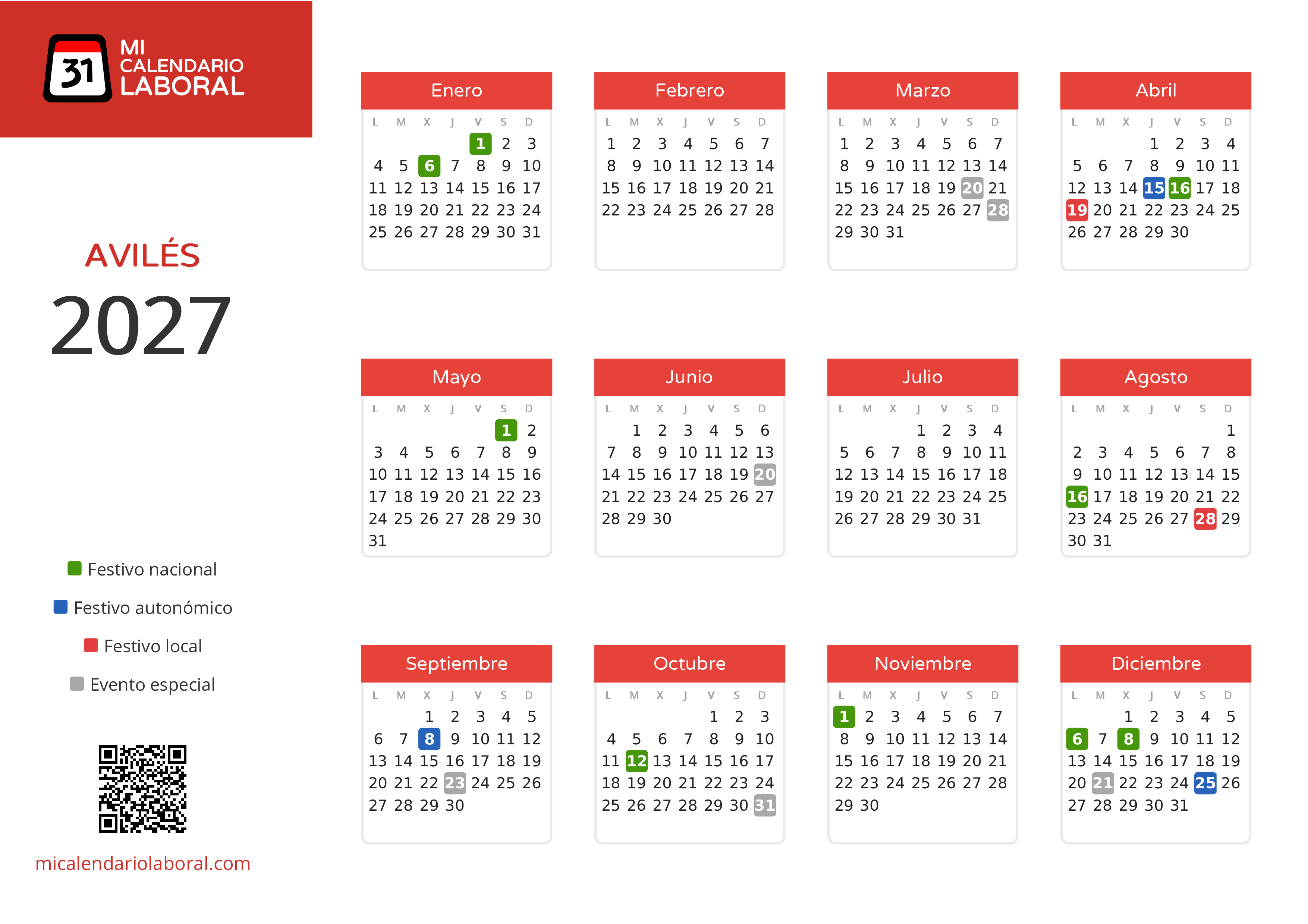 Calendario Laboral de Avilés 2027 - Días festivos - Todos los festivos y días no laborables del calendario de Avilés propuestos por Gobierno del Principado de Asturias. Organiza tus vacaciones y puentes en 2027.